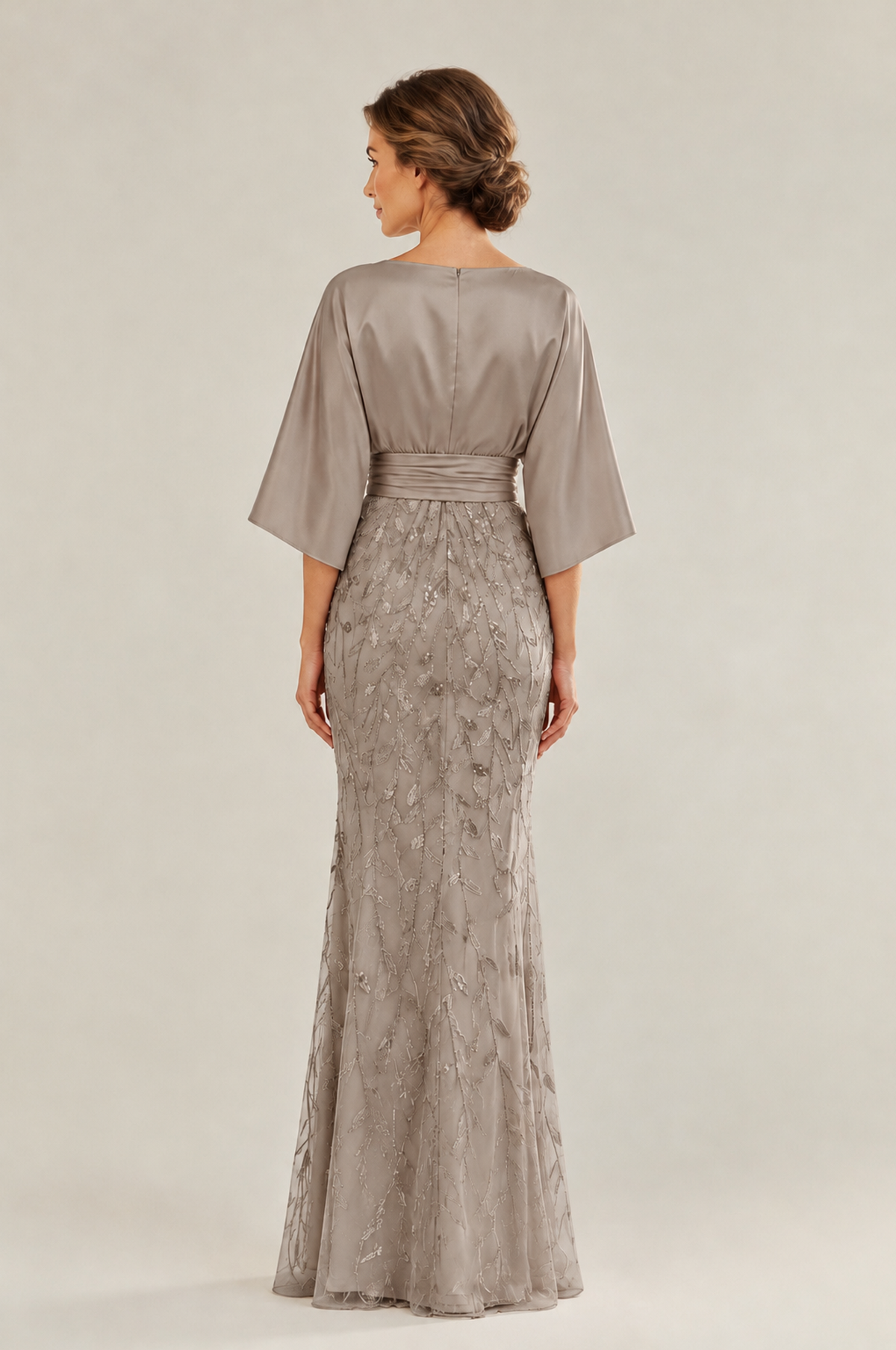 BOLODOO Taupe Mother of the Bride Dress with Kimono Sleeves, Satin Bodice & Sequin Embroidered Mermaid Floor-Length Gown - Taupe - Taupe (2)
