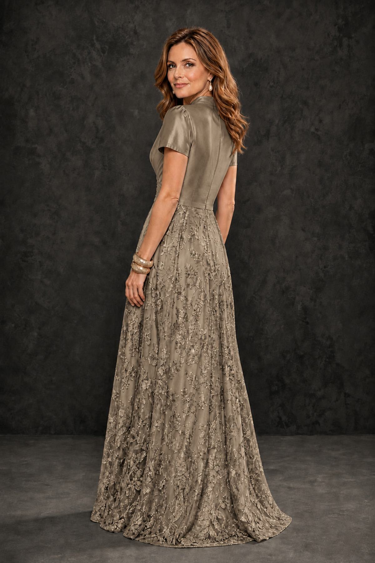 BOLODOO Taupe Satin Wrap V-Neck Short Sleeve Lace Glitter A-Line Floor Length Evening Gown – Formal Dress - Taupe - Taupe (2)