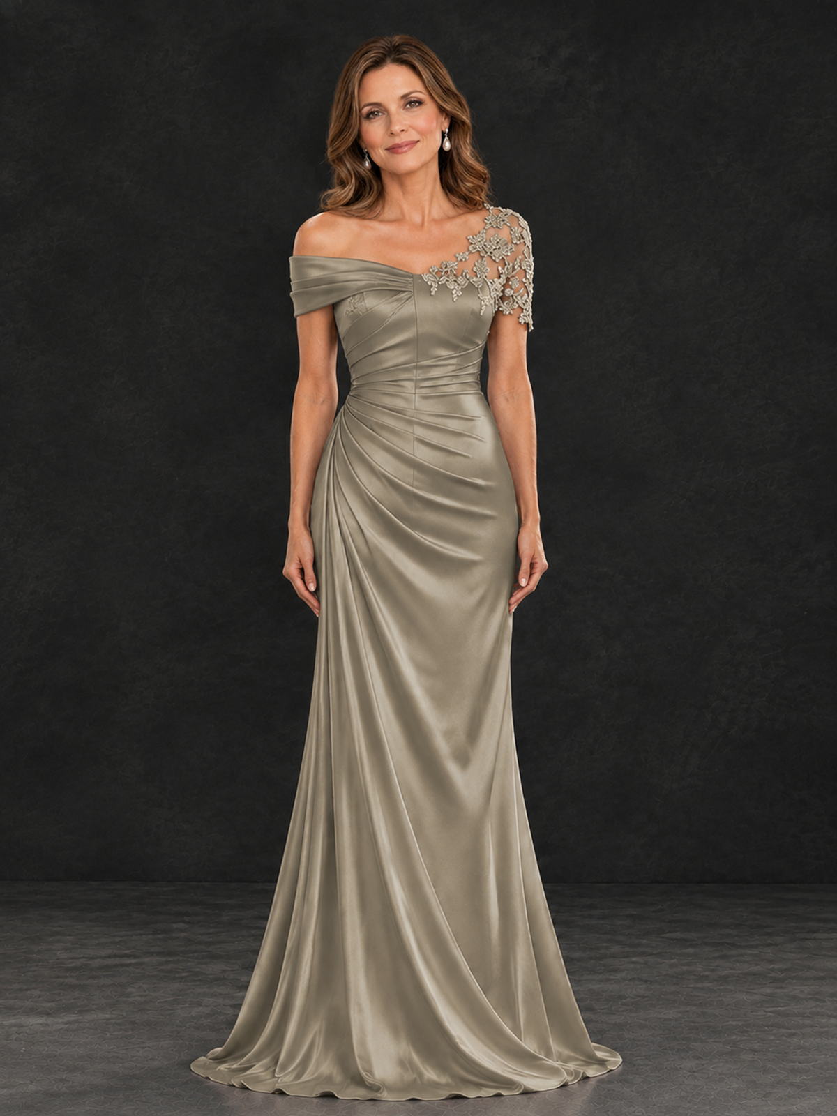 BOLODOO Taupe Asymmetric Satin Mother of the Bride Dress with Lace Sleeve - Taupe - Taupe (2)