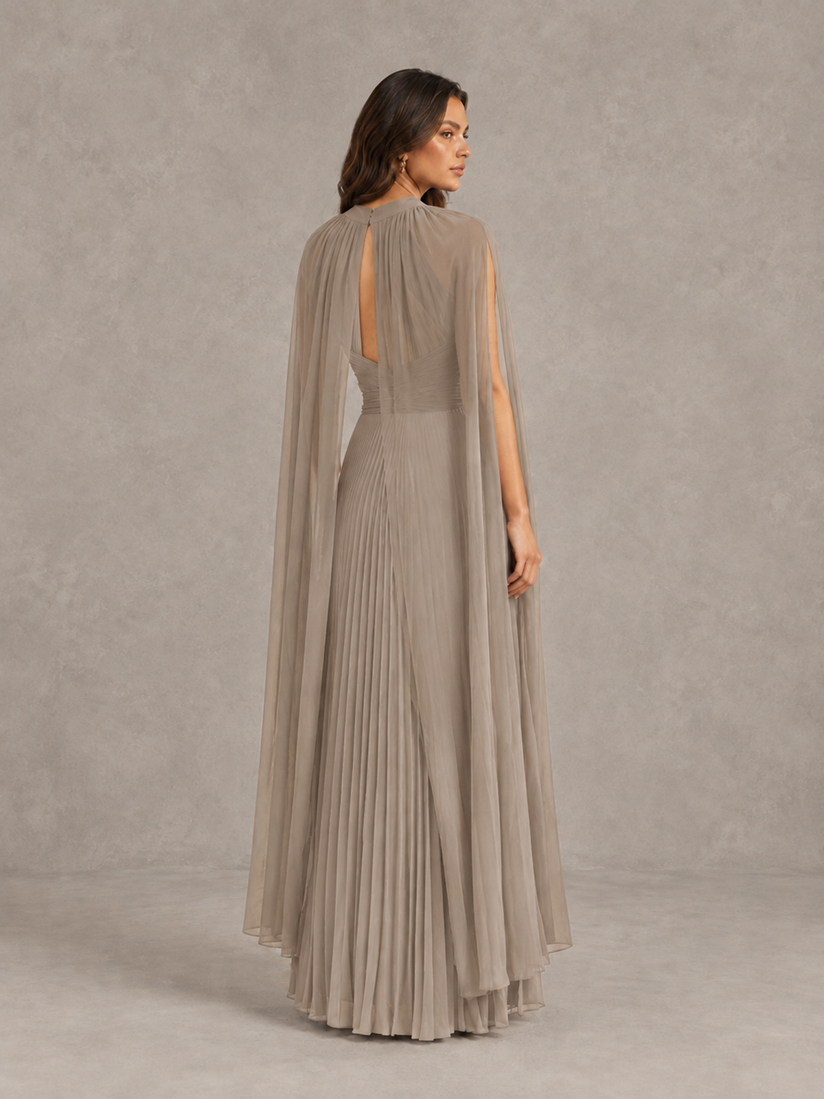 BOLODOO Taupe Pleated Cape Maxi Wedding Guest Dress - Taupe - Taupe (2)
