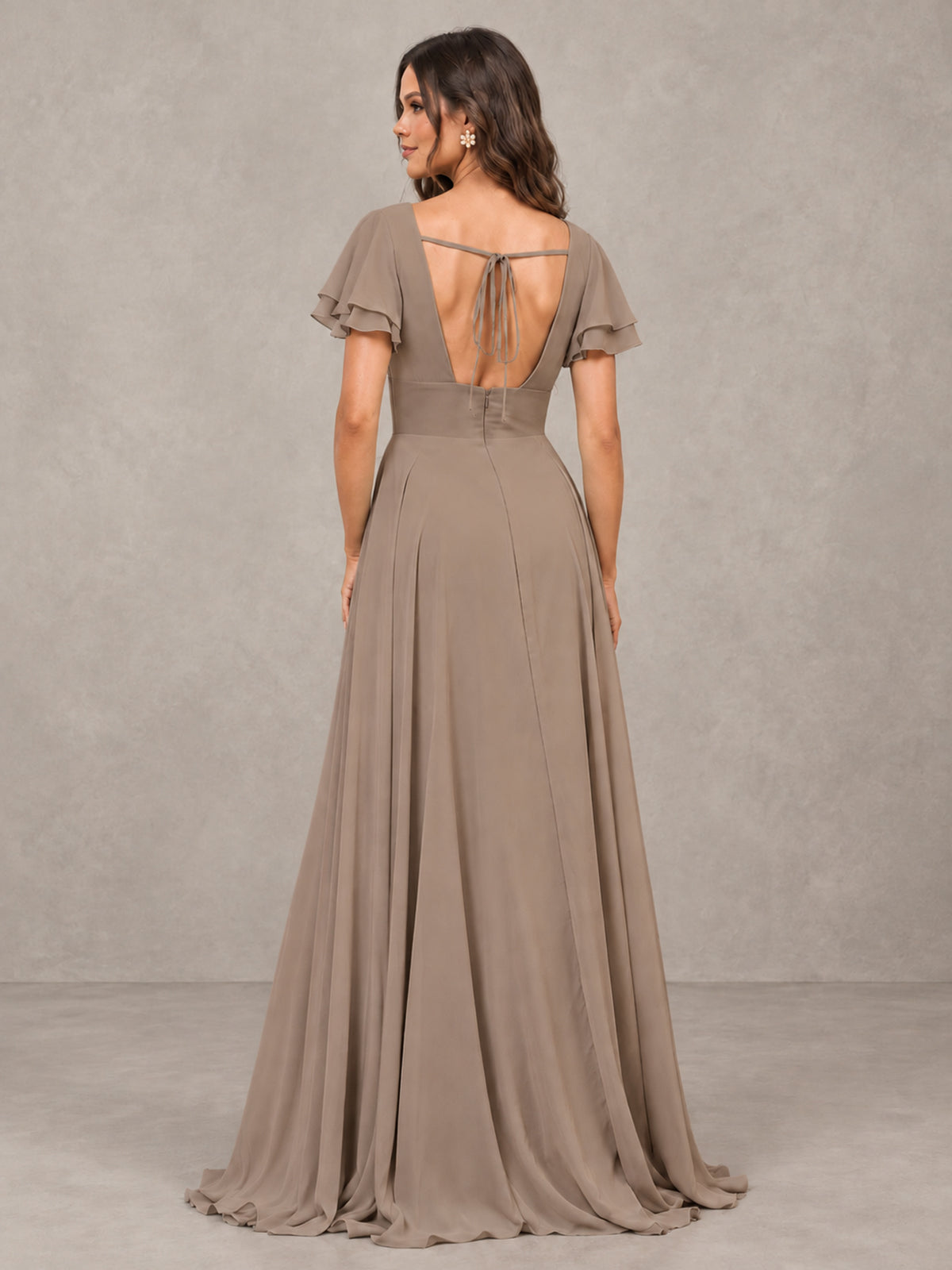 BOLODOO Taupe Flutter Sleeve Chiffon A-Line Maxi Bridesmaid Dress with Open Back & Slit - Taupe - Taupe (2)