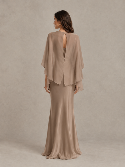 BOLODOO Taupe Satin Mermaid Bridesmaid Dress with Chiffon Cape - Taupe - Taupe (2)