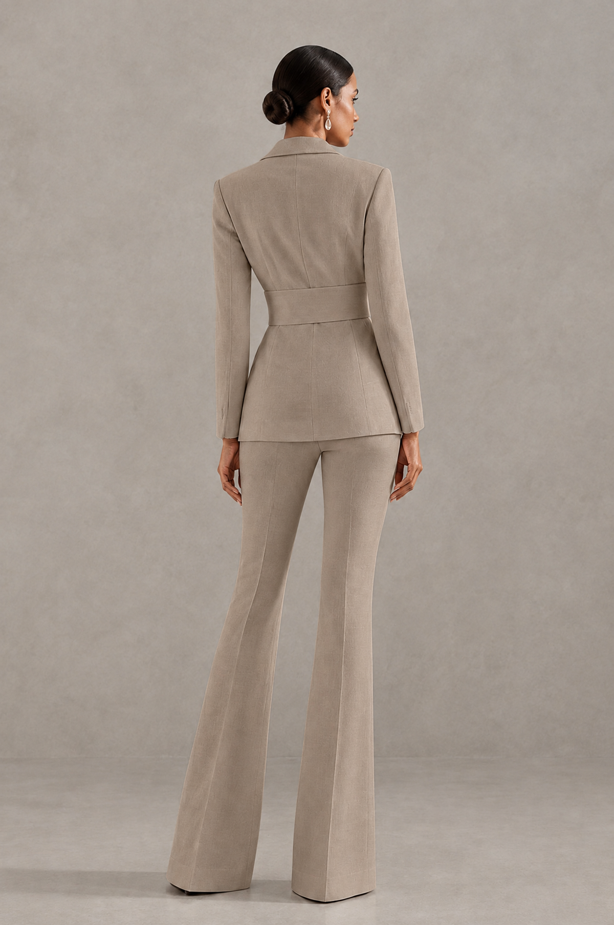 BOLODOO Taupe Two-Piece Pantsuit with Tailored Blazer & Flared Pants - Taupe - Taupe (2)