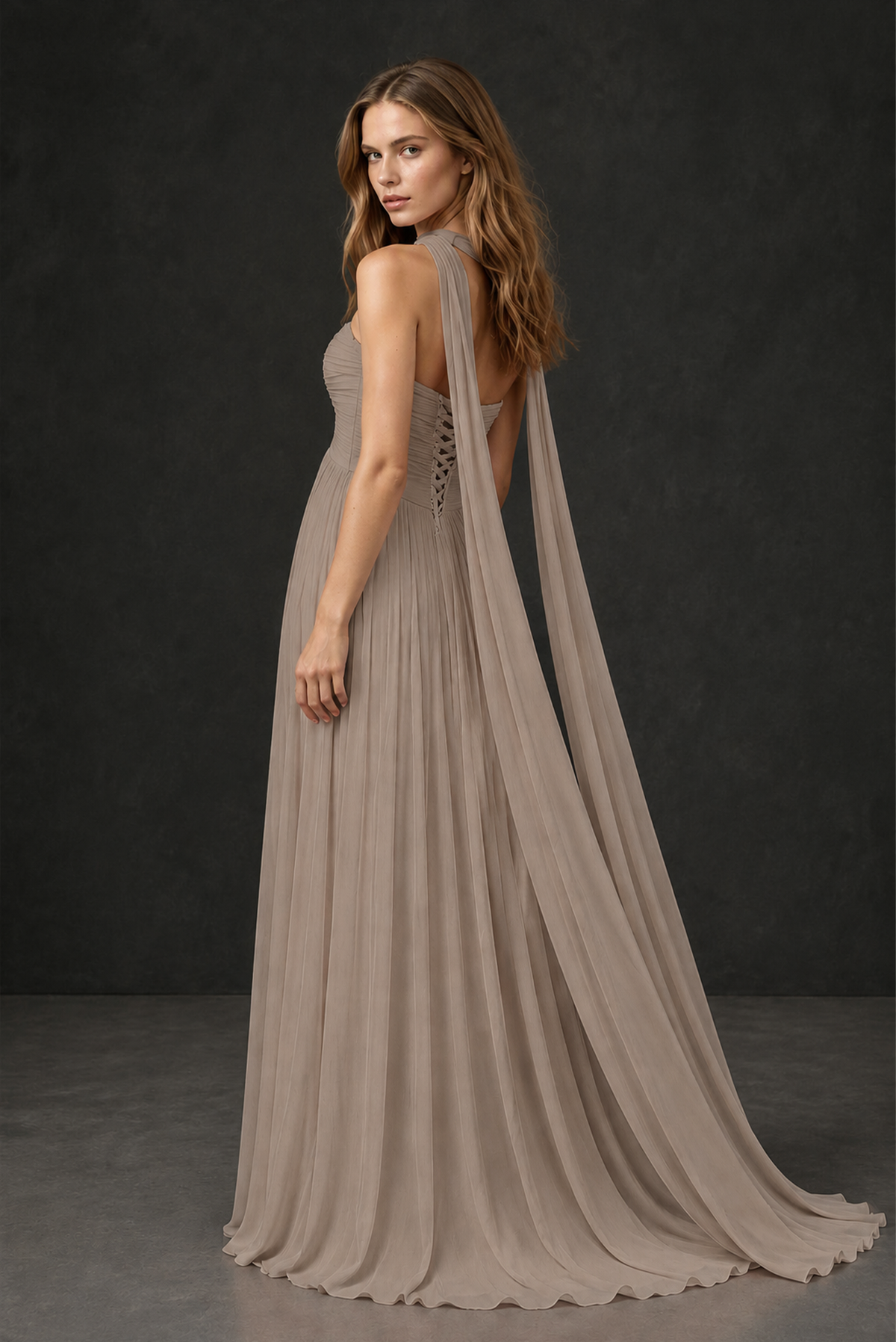 BOLODOO Taupe Sweetheart Strapless Twist Knot Detached Halter Scarf Lace-Up Back Empire Waist Chiffon Maxi Dress - Taupe