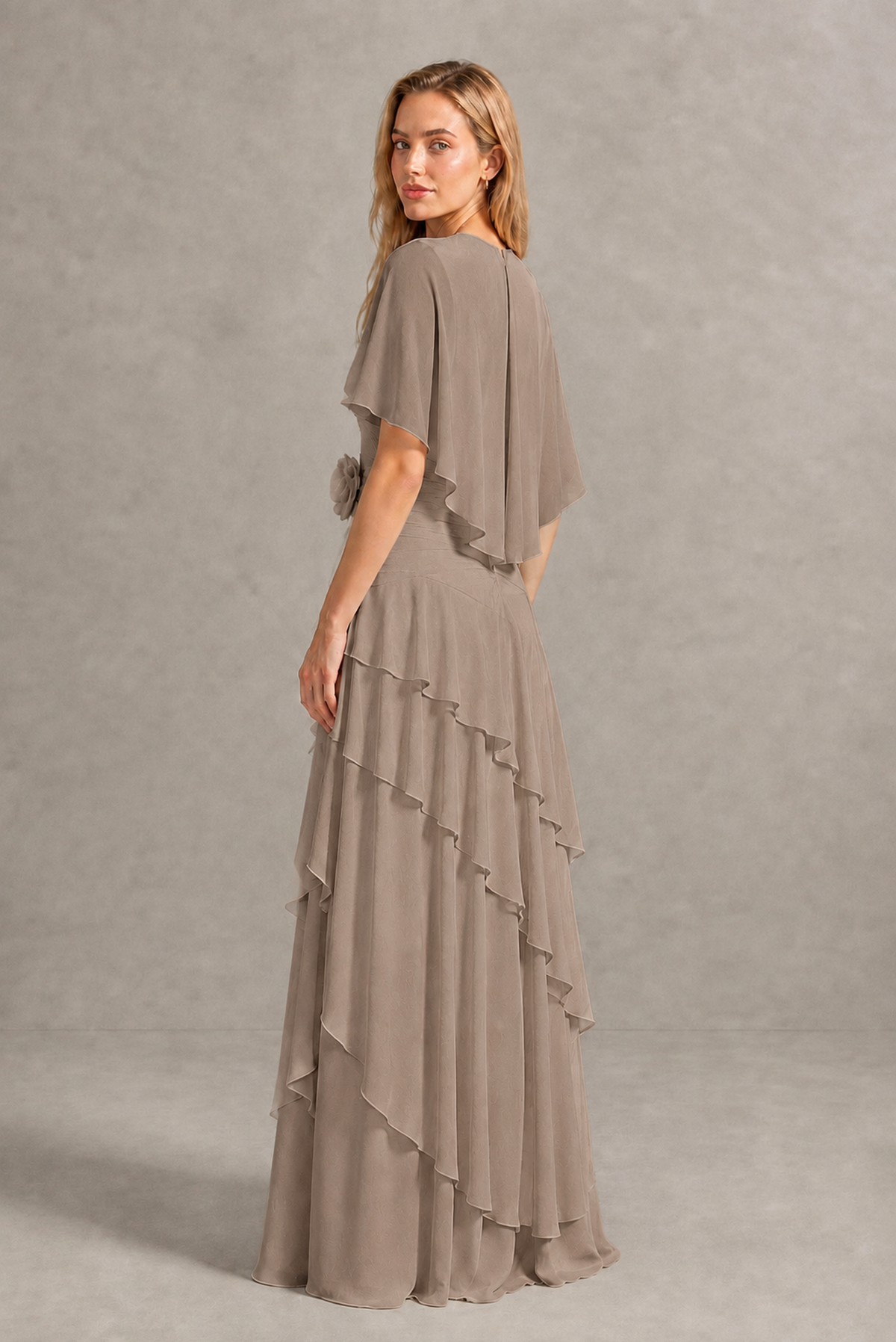 BOLODOO Taupe Chiffon Flutter Sleeve Tiered Maxi Dress with 3D Rosette - Taupe