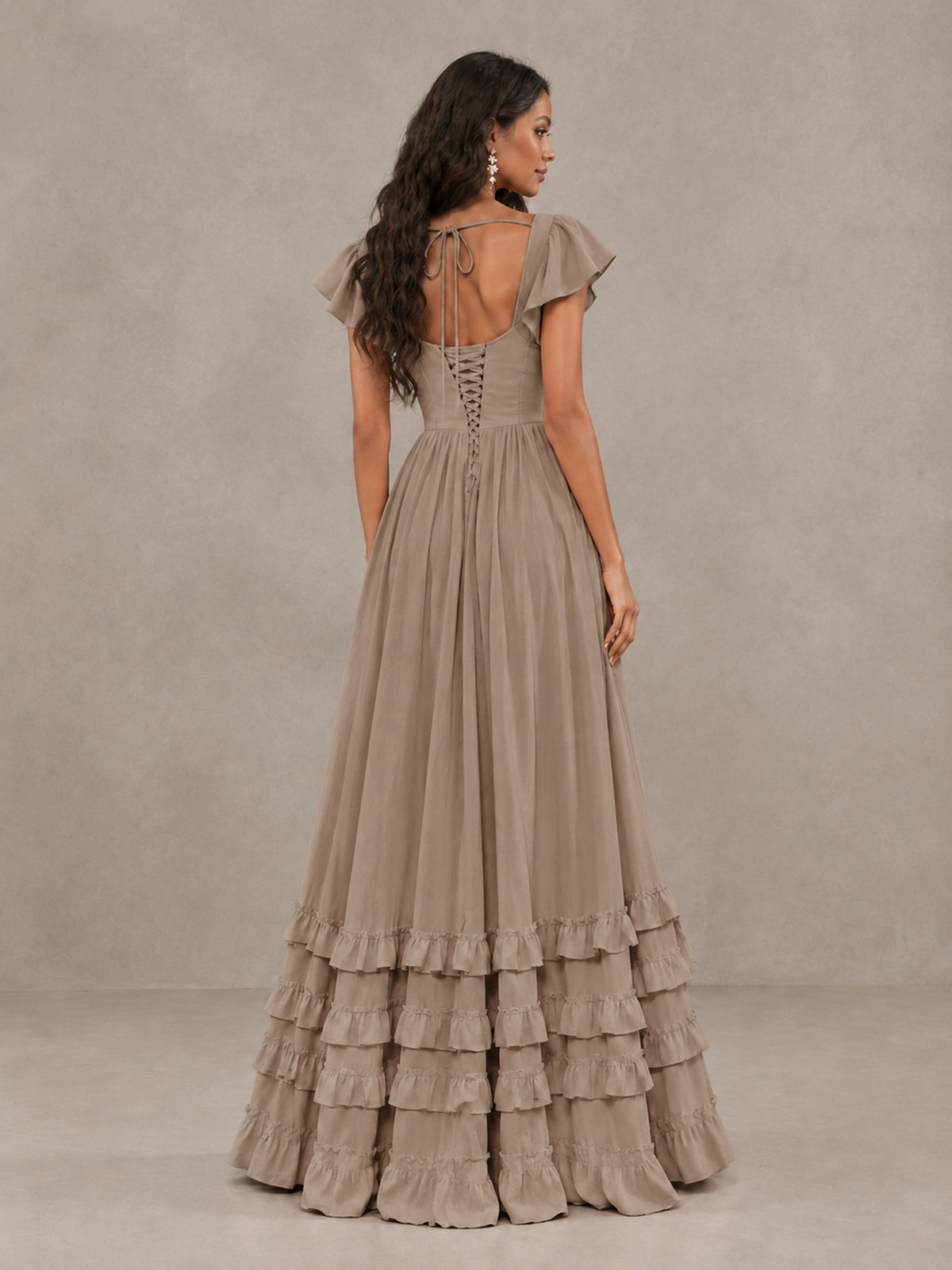BOLODOO Taupe Flutter Sleeve Ruffle Bridesmaid Dress with Slit - Taupe - Taupe (2)