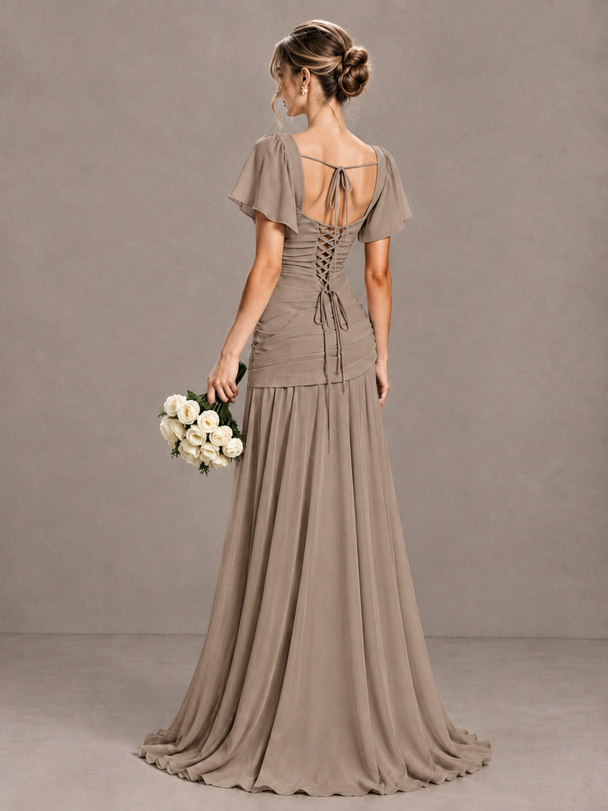 BOLODOO Taupe Flutter Sleeve Lace-Up Back Maxi Dress - Taupe - Taupe (2)