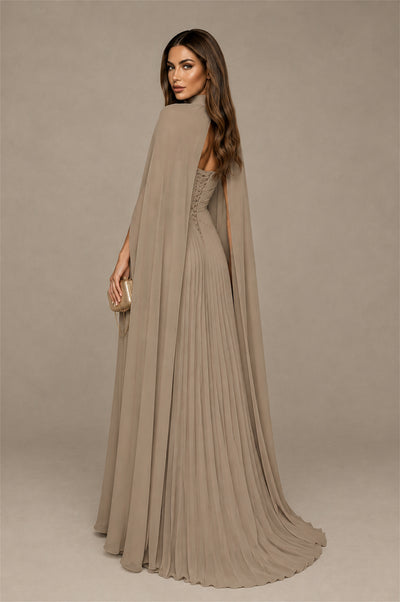 BOLODOO Taupe Strapless Crossover Ruched Bodice Detached Turtleneck Cape Lace-Up Back Pleated Chiffon Maxi Dress - Taupe