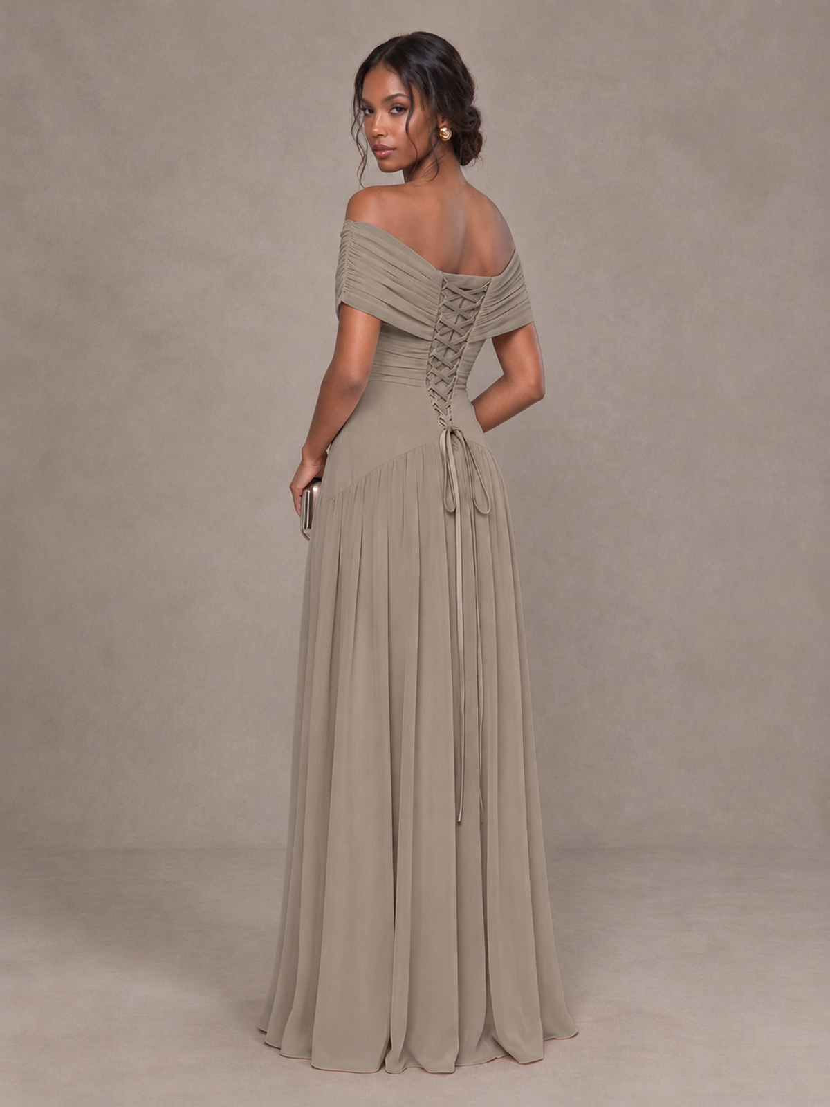 BOLODOO Taupe Off-Shoulder Ruched A-Line Bridesmaid Dress - Taupe - Taupe (2)
