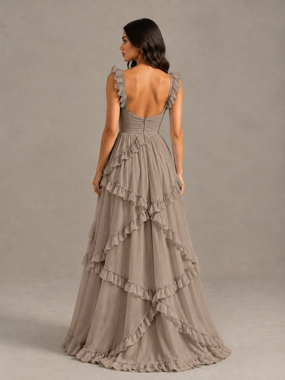 BOLODOO Taupe Ruffle A-Line Prom Dress with Open Back - Taupe - Taupe (2)