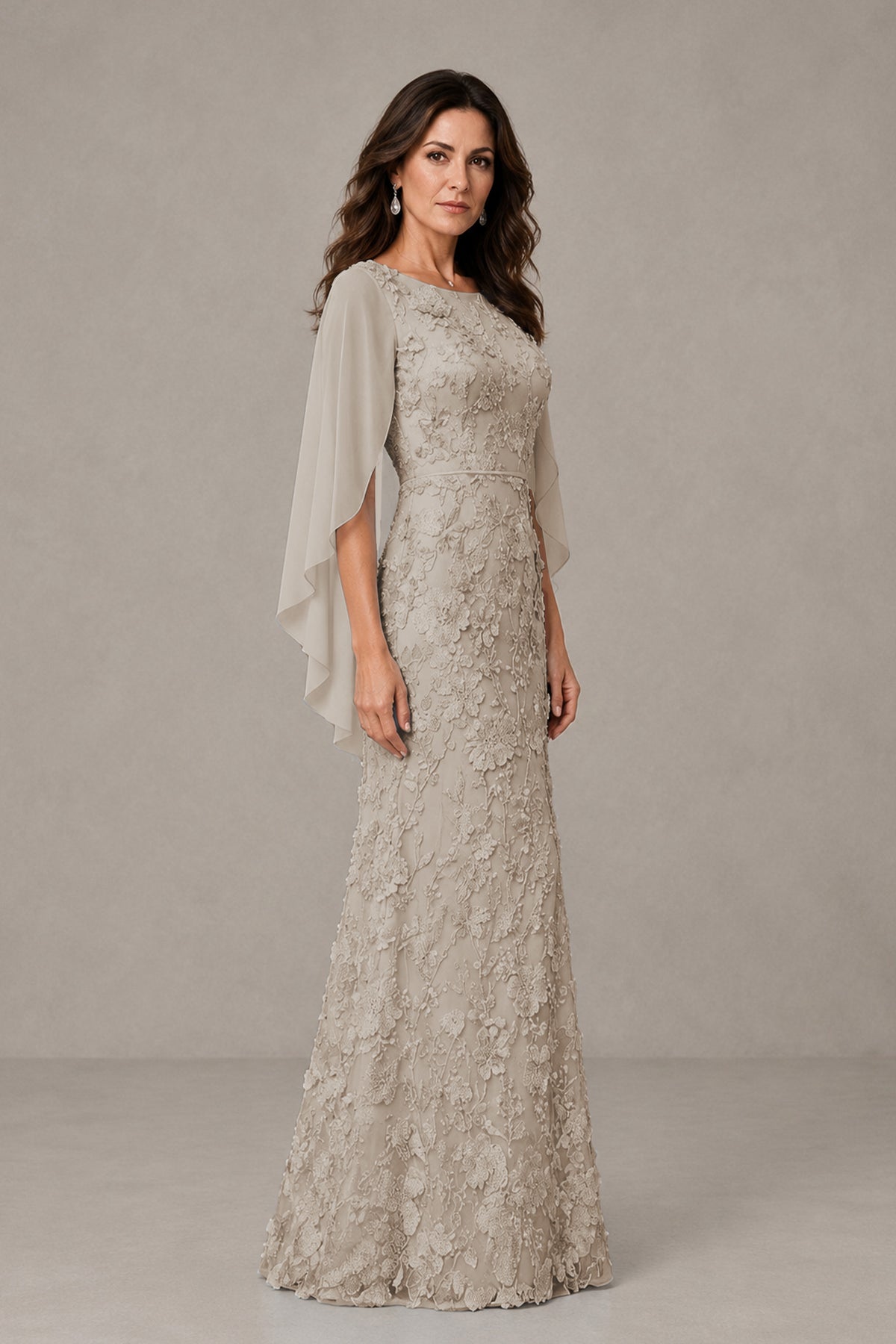 BOLODOO Taupe Lace Mother of the Bride Dress with Cape Sleeves - Taupe