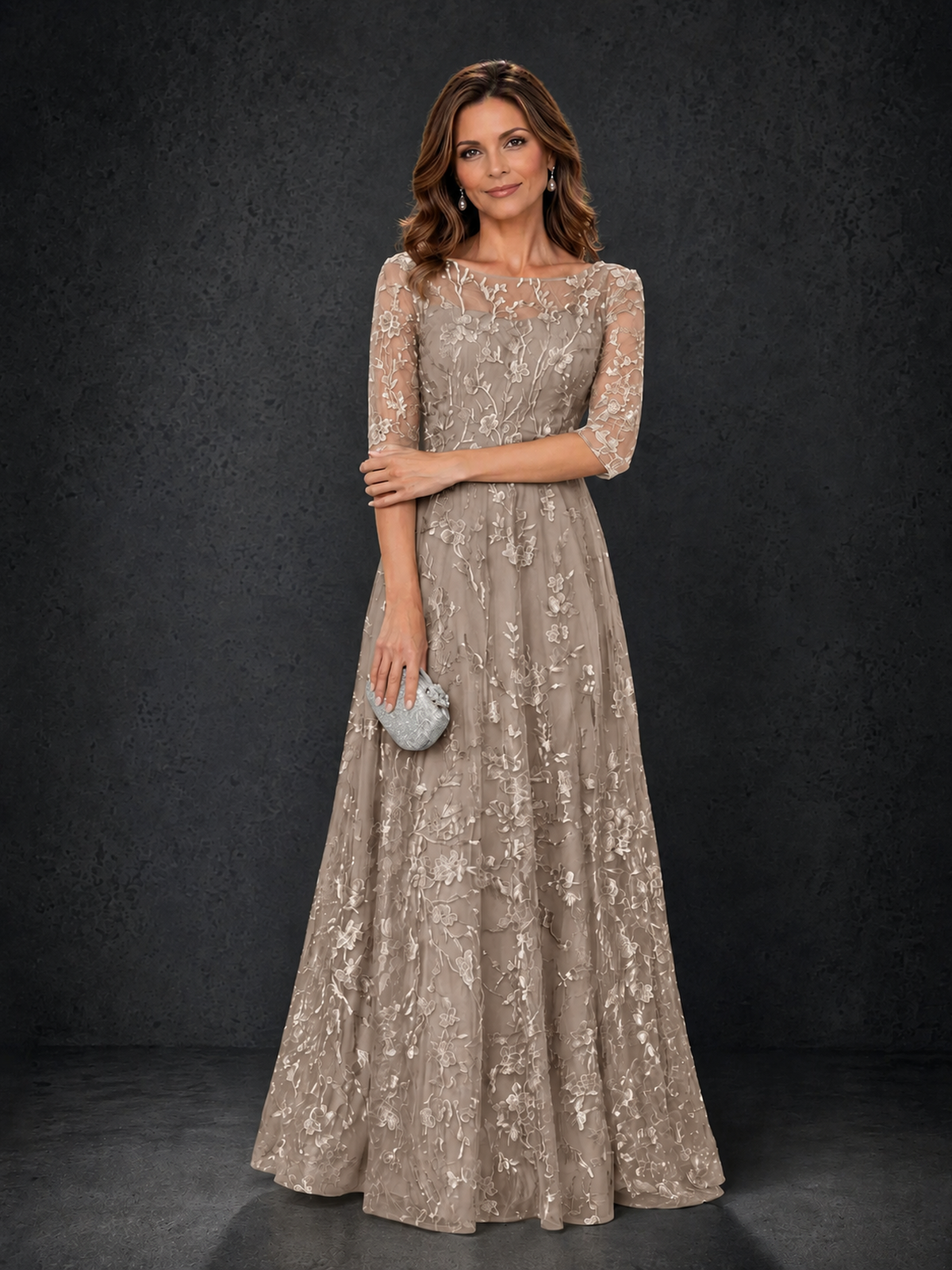 BOLODOO Taupe Illusion Bateau Neck 3/4 Sleeve Floral Lace A-Line Mother of the Bride Dress MX007 - Taupe