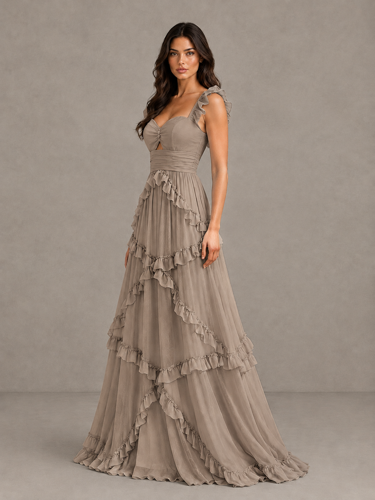 BOLODOO Taupe Ruffle A-Line Prom Dress with Open Back - Taupe - Taupe (3)