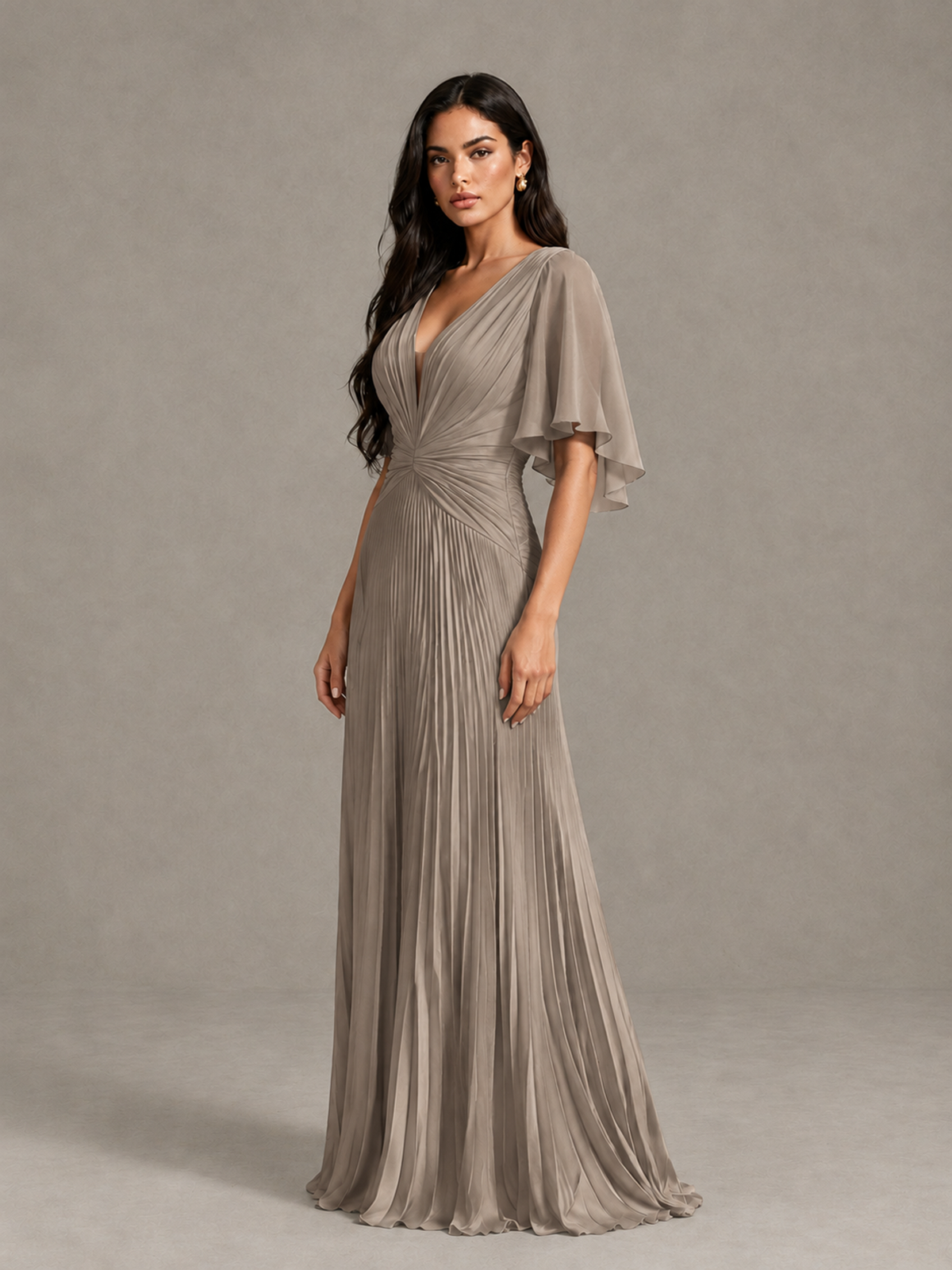 BOLODOO Taupe Pleated V-Neck Flutter Sleeve Bridesmaid Dress - Taupe - Taupe (3)