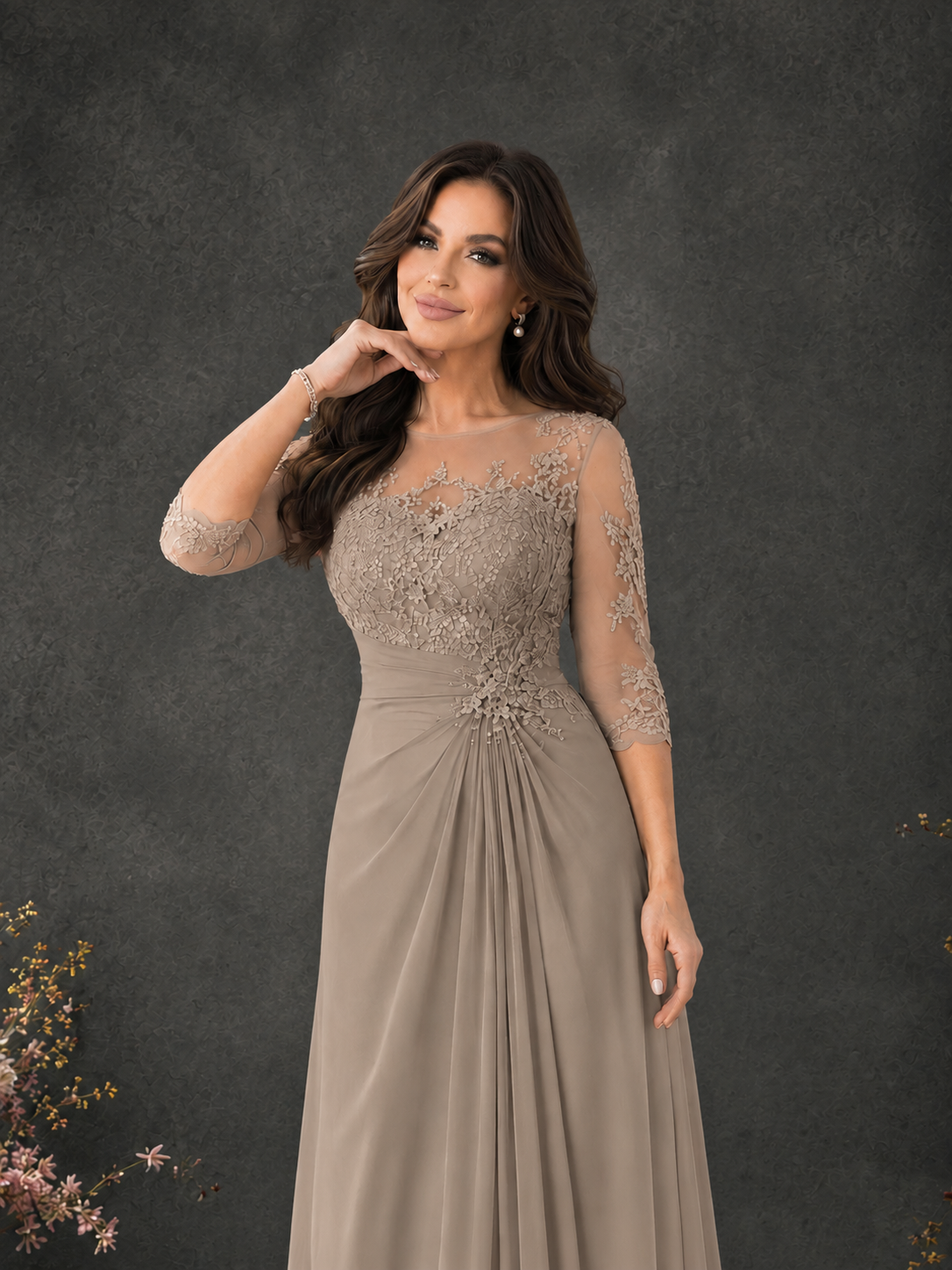 BOLODOO Taupe Chiffon Lace Illusion Neckline 3/4 Sleeve Floor Length Formal Gown - Taupe