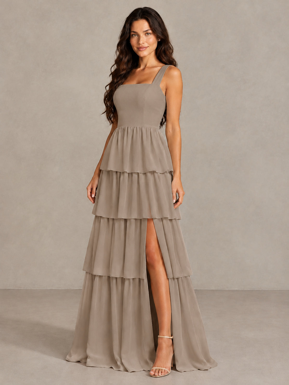 BOLODOO Taupe Square Neck Tiered Bridesmaid Dress with Slit - Taupe - Taupe (3)