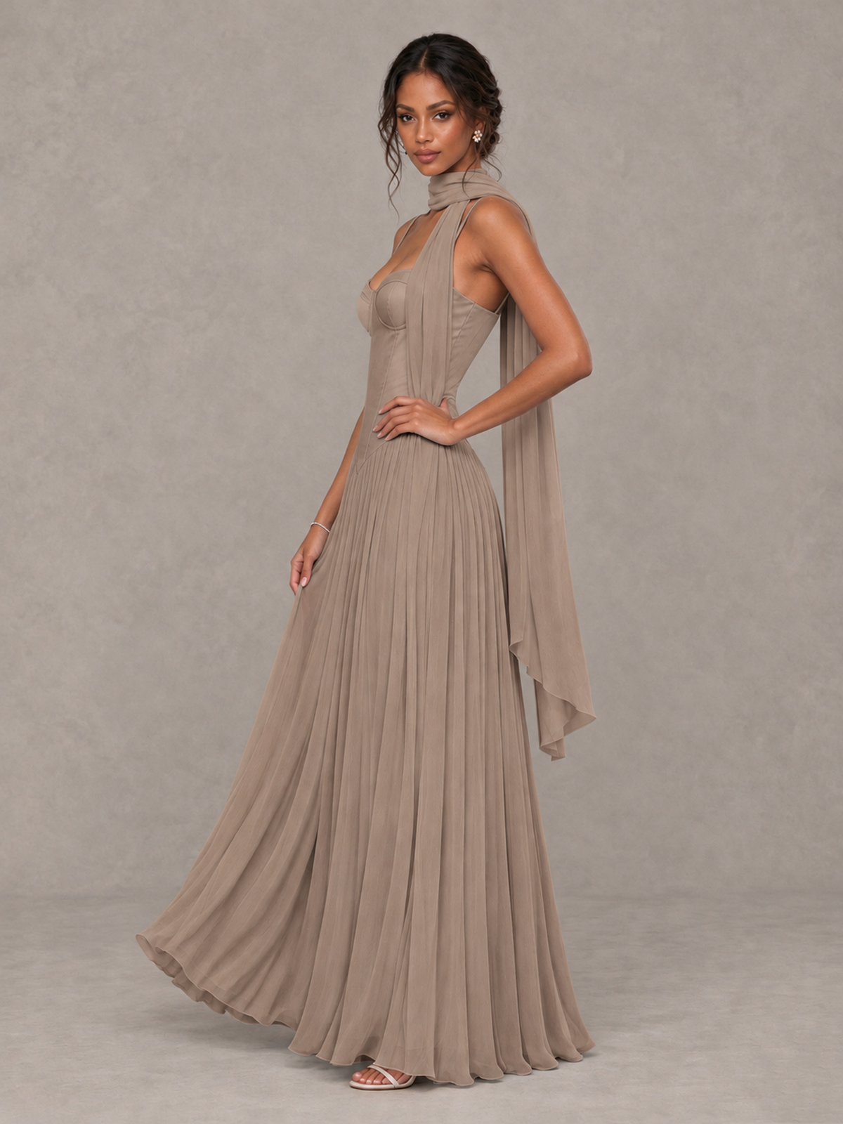 BOLODOO Taupe Corset Bridesmaid Dress with Scarf - Taupe - Taupe (3)