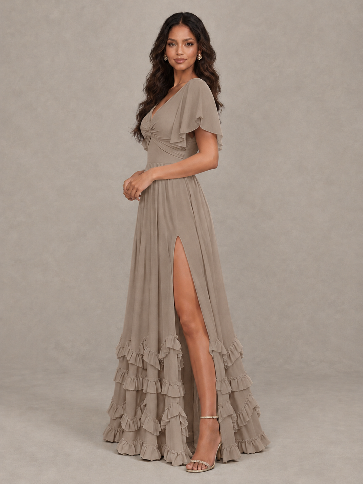 BOLODOO Taupe V-Neck Flutter Sleeve Ruffle Bridesmaid Dress with Slit - Taupe - Taupe (3)