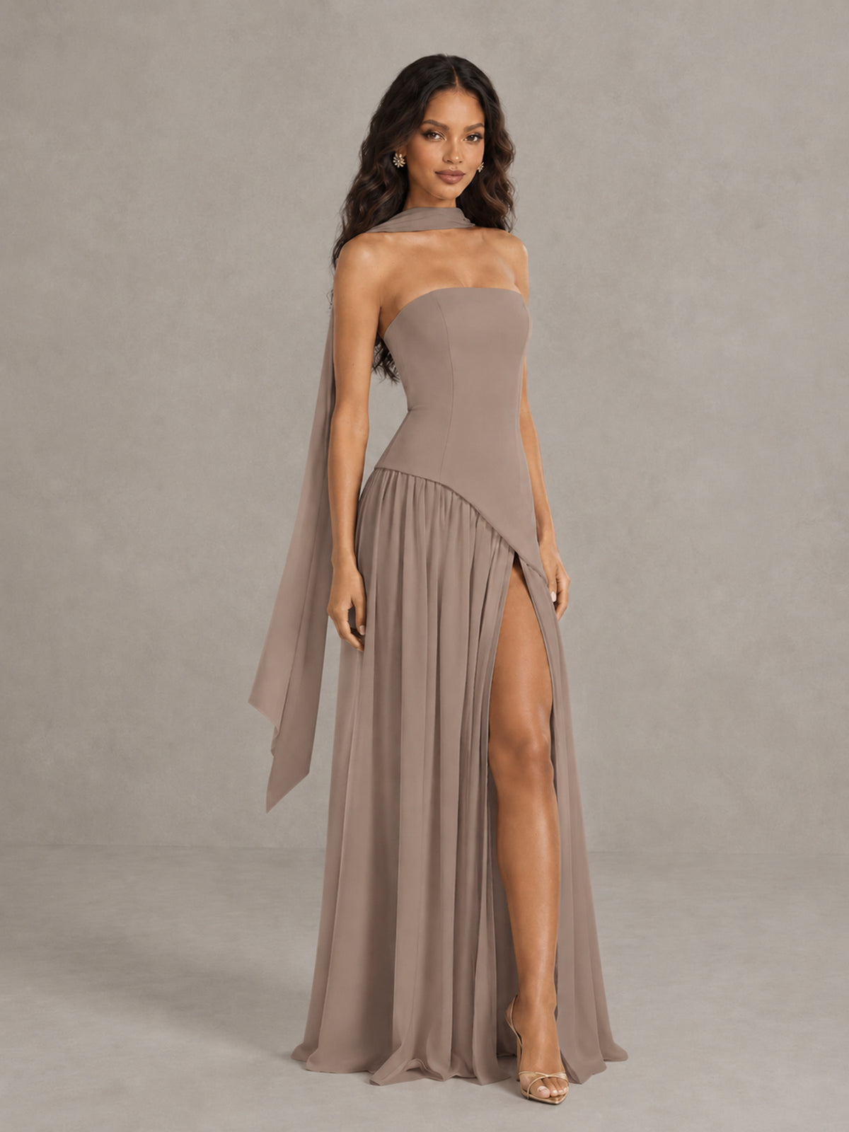Taupe Strapless Bridesmaid Dress with Scarf & High Slit - Taupe - Taupe (3)