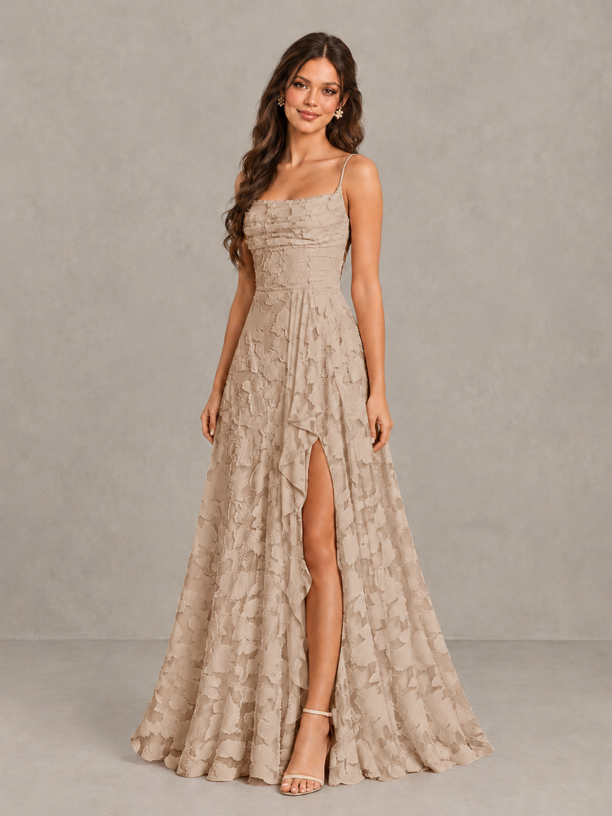 BOLODOO Taupe Floral Appliqué Slit Maxi Dress - Taupe - Taupe (3)
