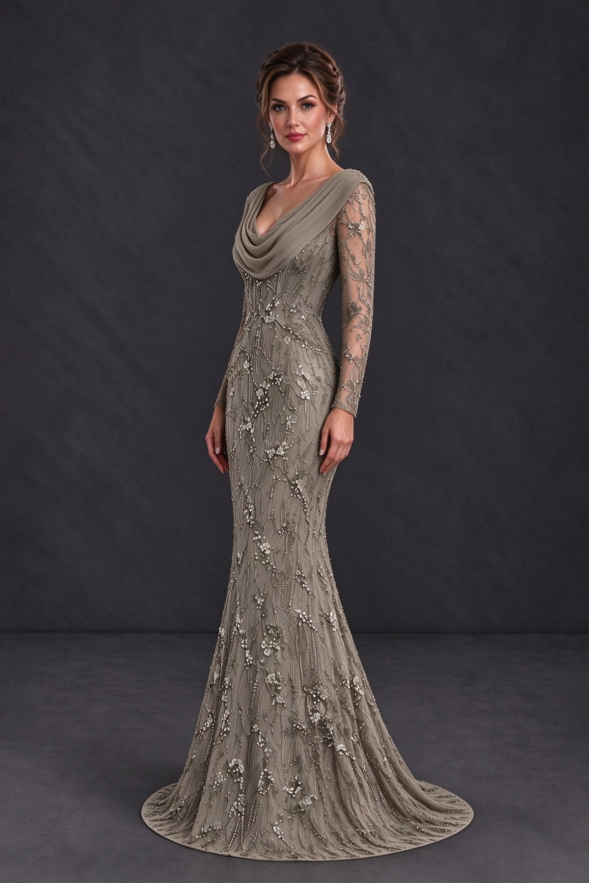 BOLODOO Taupe Long Sleeve Embellished Mother of the Bride Dress with Cowl Neck - Taupe - Taupe (3)