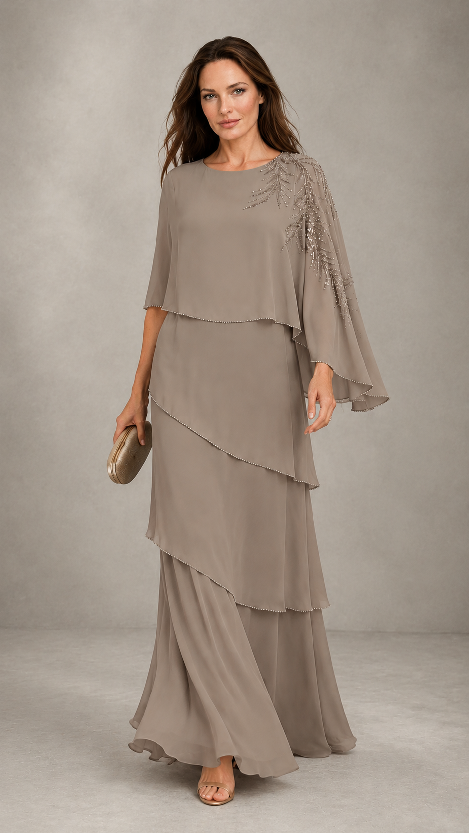 BOLODOO Taupe Mocha Asymmetric Cape Sleeve Taupe Sequin Embroidered Pearl Trim Tiered Chiffon Gown - Taupe
