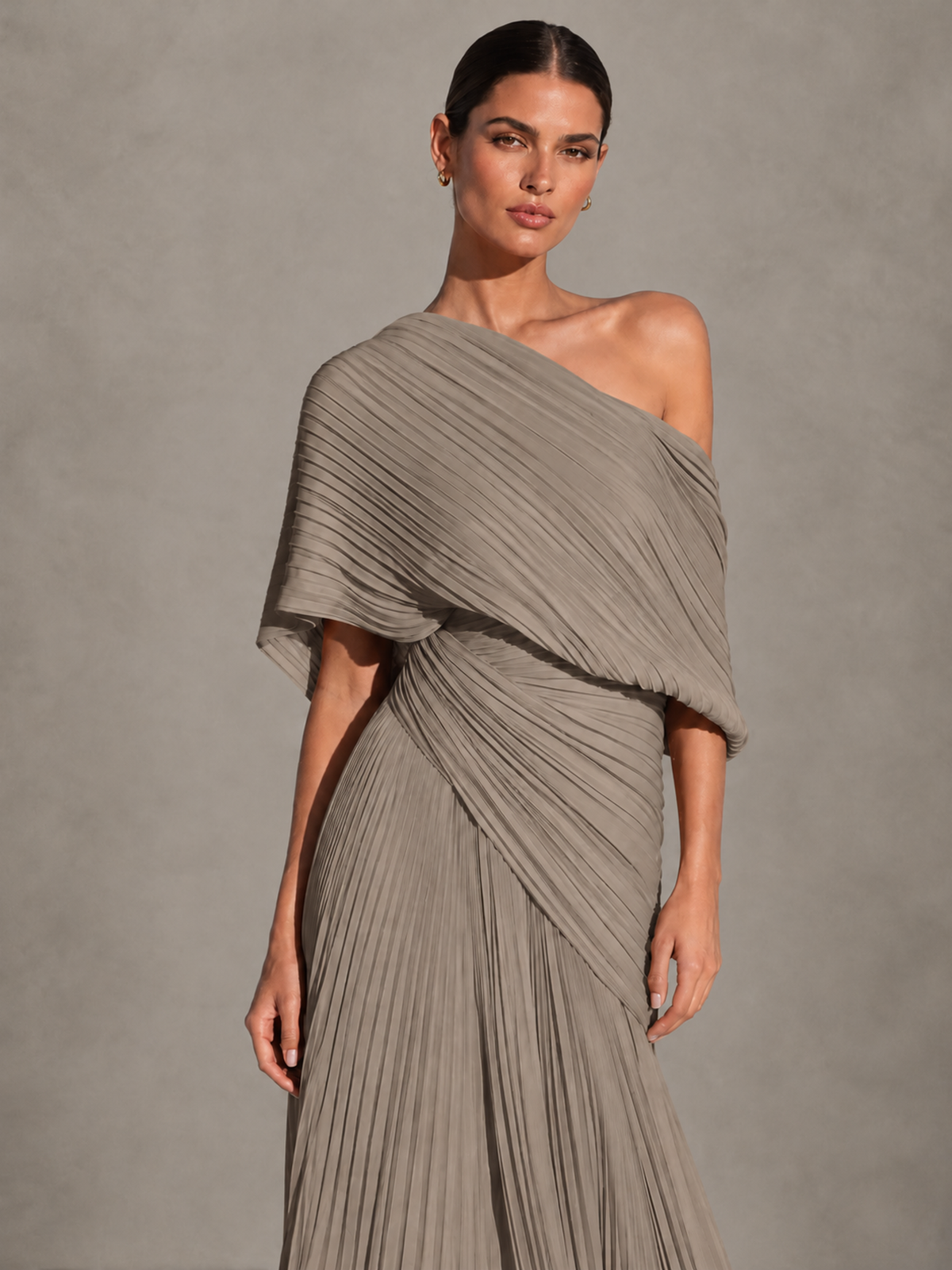 BOLODOO Taupe One-Shoulder Pleated Cape Evening Gown with Train - Taupe - Taupe (3)
