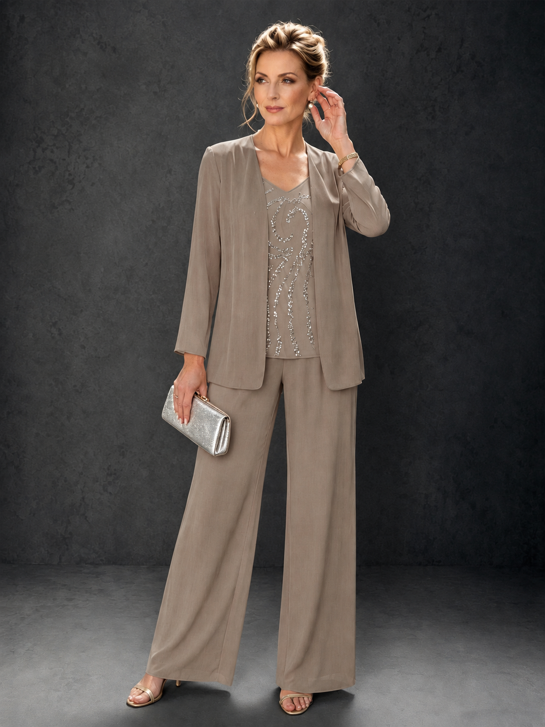 BOLODOO Taupe 3-Piece Mother of the Bride Pant Suit with Beaded Top & Chiffon Jacket - Taupe