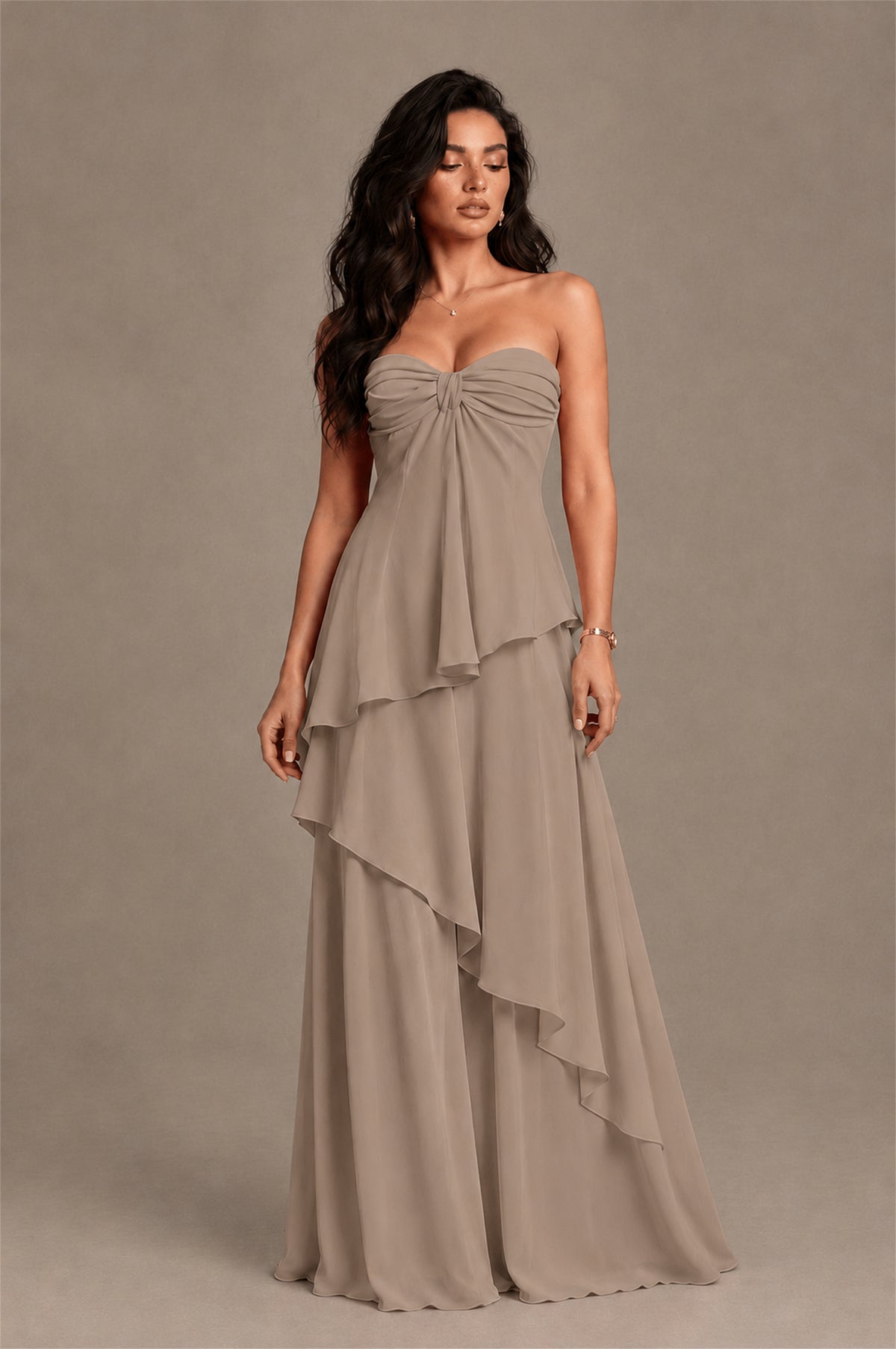 BOLODOO Taupe Strapless Sweetheart Knotted Chiffon Tiered Maxi Dress with Lace-Up Back - Taupe