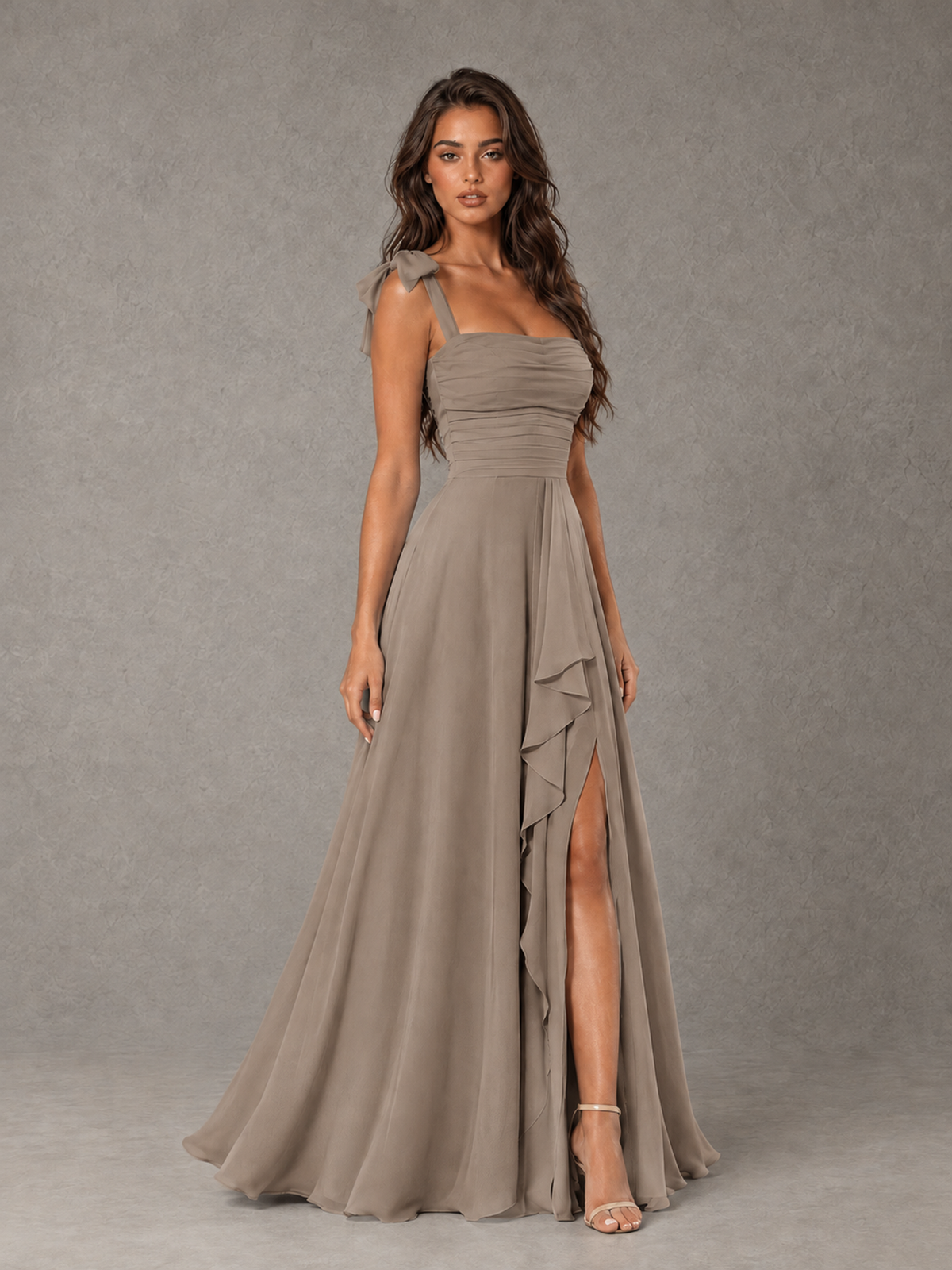 BOLODOO Taupe Bow-Strap Bridesmaid Dress with Ruffle Slit - Taupe - Taupe (3)