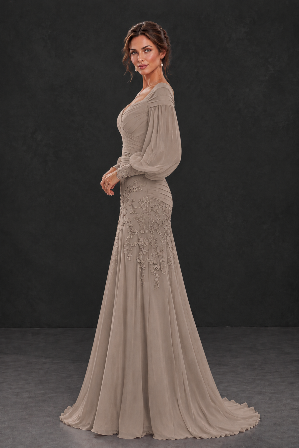 BOLODOO Taupe Long Sleeve Mother of the Bride Dress with Floral Appliqués - Taupe - Taupe (3)
