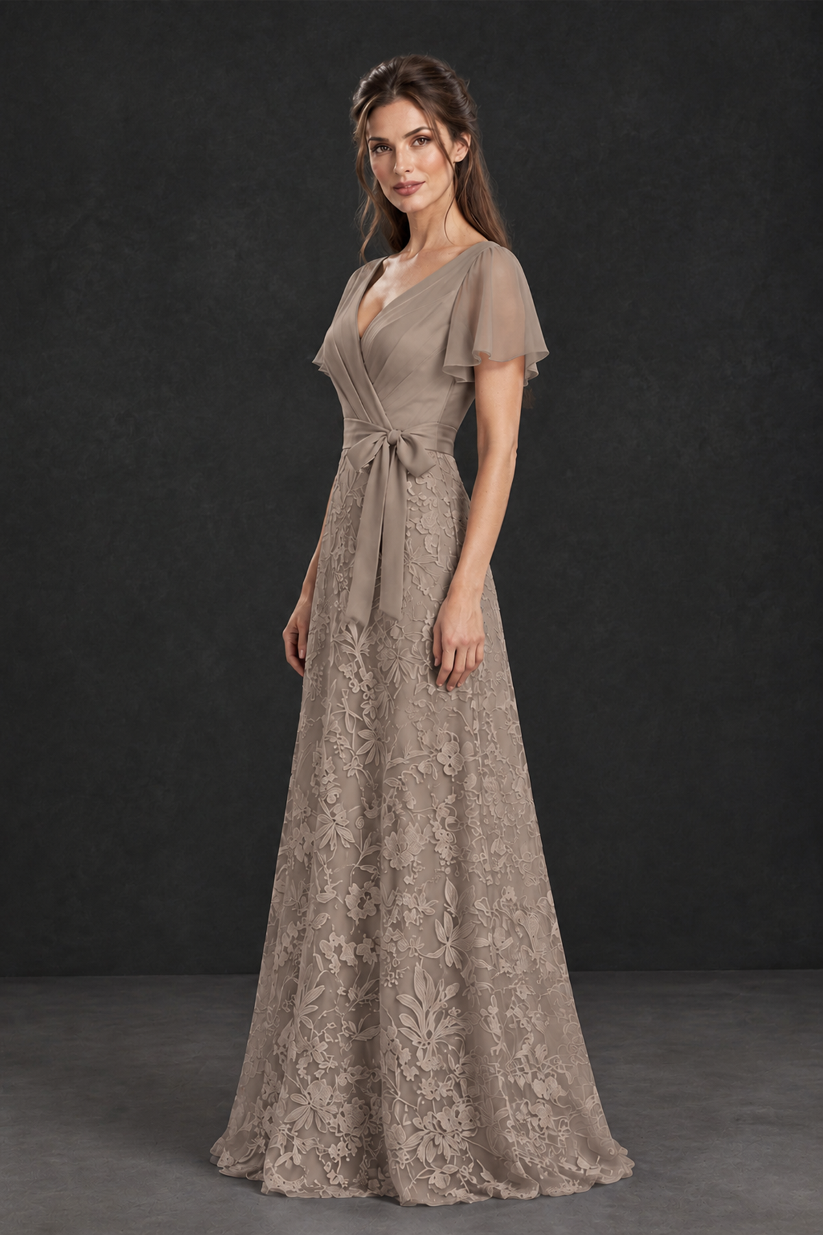 BOLODOO Taupe Flutter Sleeve Lace Mother of the Bride Dress - Taupe