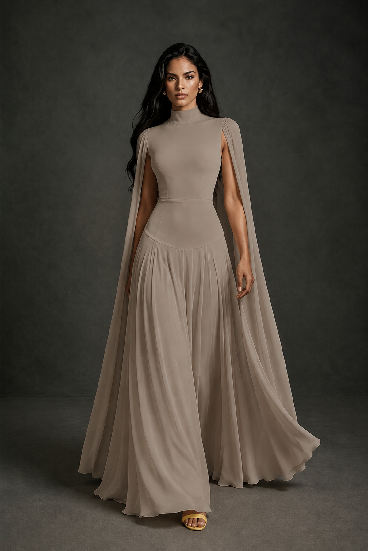 BOLODOO Taupe Mock Neck Cape Sleeve A-Line Chiffon Maxi Dress - Taupe