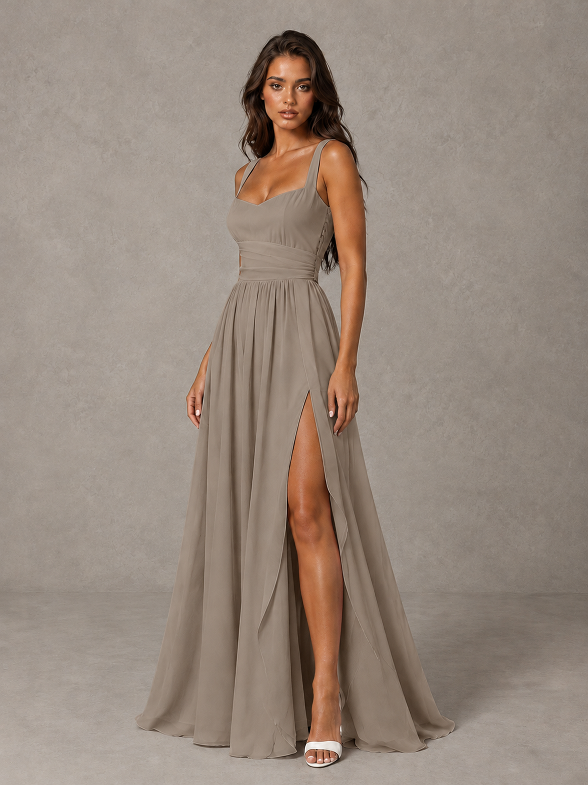 BOLODOO Taupe A-Line Bridesmaid Dress with High Slit & Lace-Up Back - Taupe - Taupe (3)