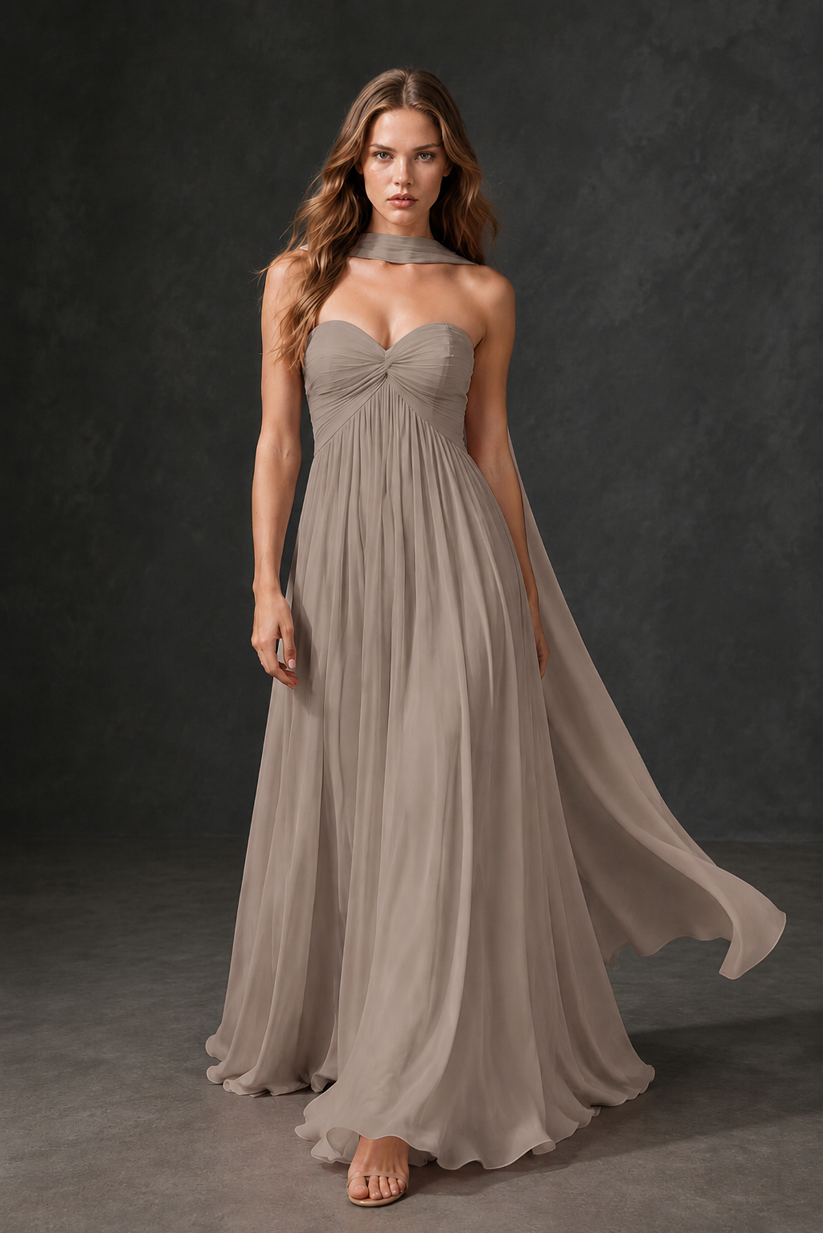 BOLODOO Taupe Sweetheart Strapless Twist Knot Detached Halter Scarf Lace-Up Back Empire Waist Chiffon Maxi Dress - Taupe