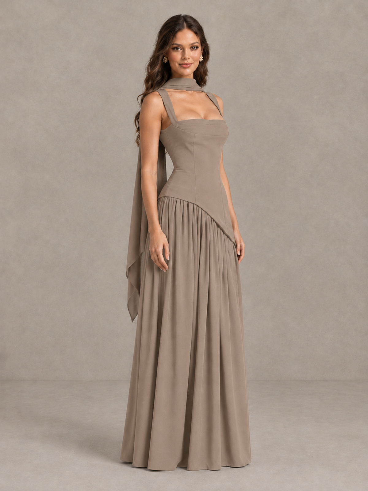 BOLODOO Taupe Brown Scarf Bridesmaid Dress with Lace-Up Back - Taupe - Taupe (3)
