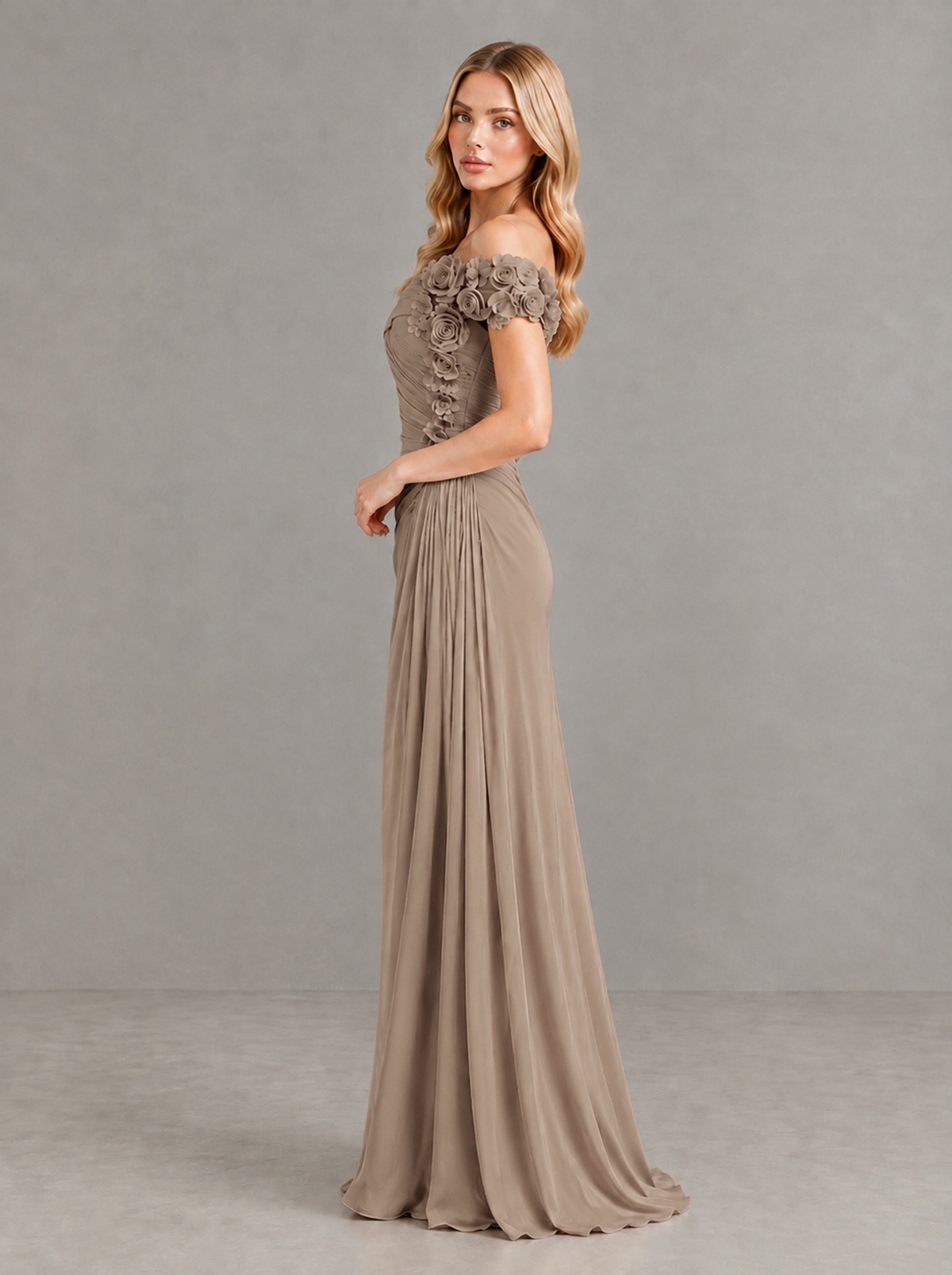 BOLODOO Taupe Off-Shoulder Floral Applique Wedding Guest Maxi Dress - Taupe - Taupe (3)
