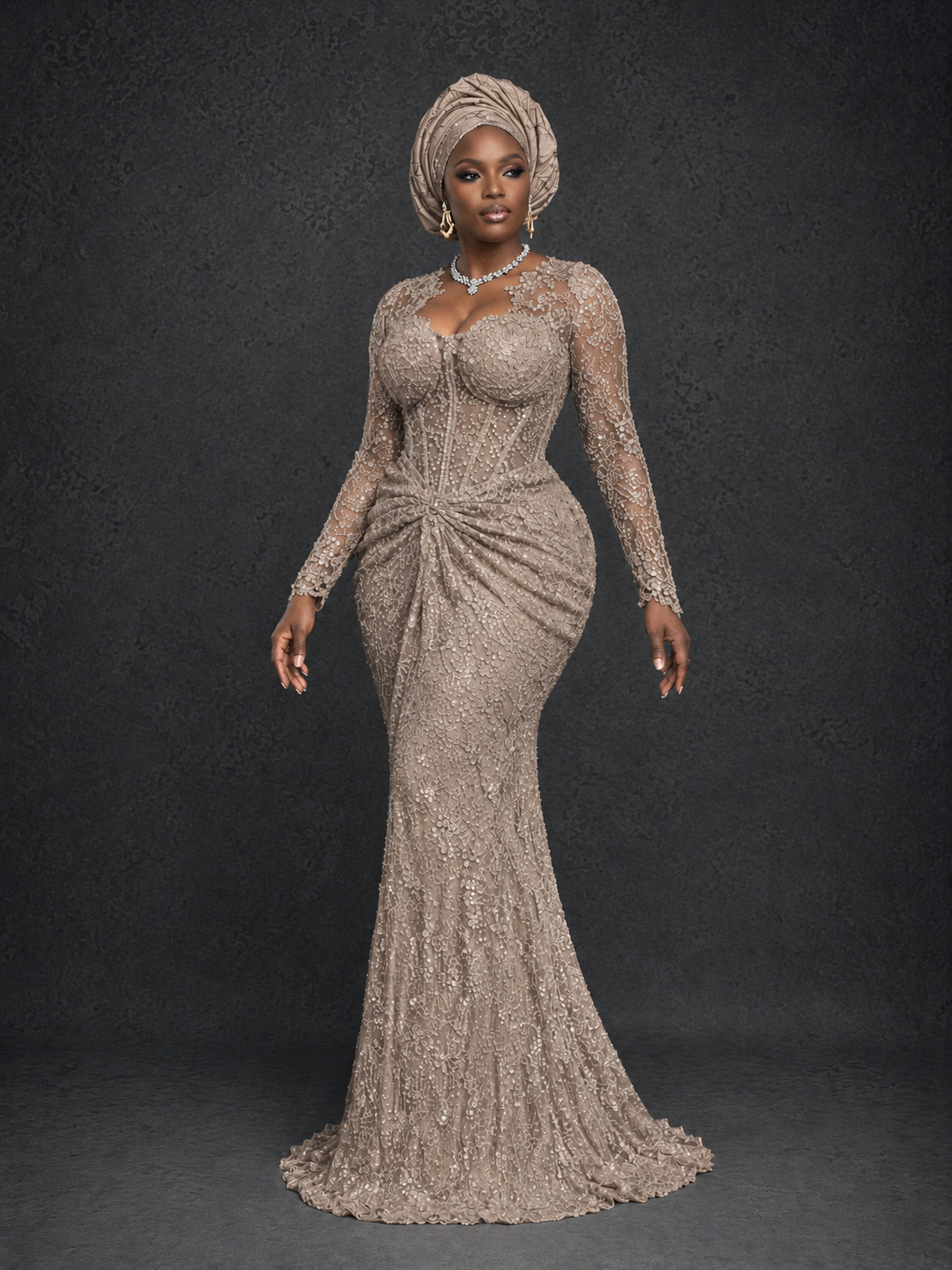 BOLODOO Taupe Beaded Lace Long Sleeve Mermaid Gown Sweetheart | Mother of the Bride - Taupe
