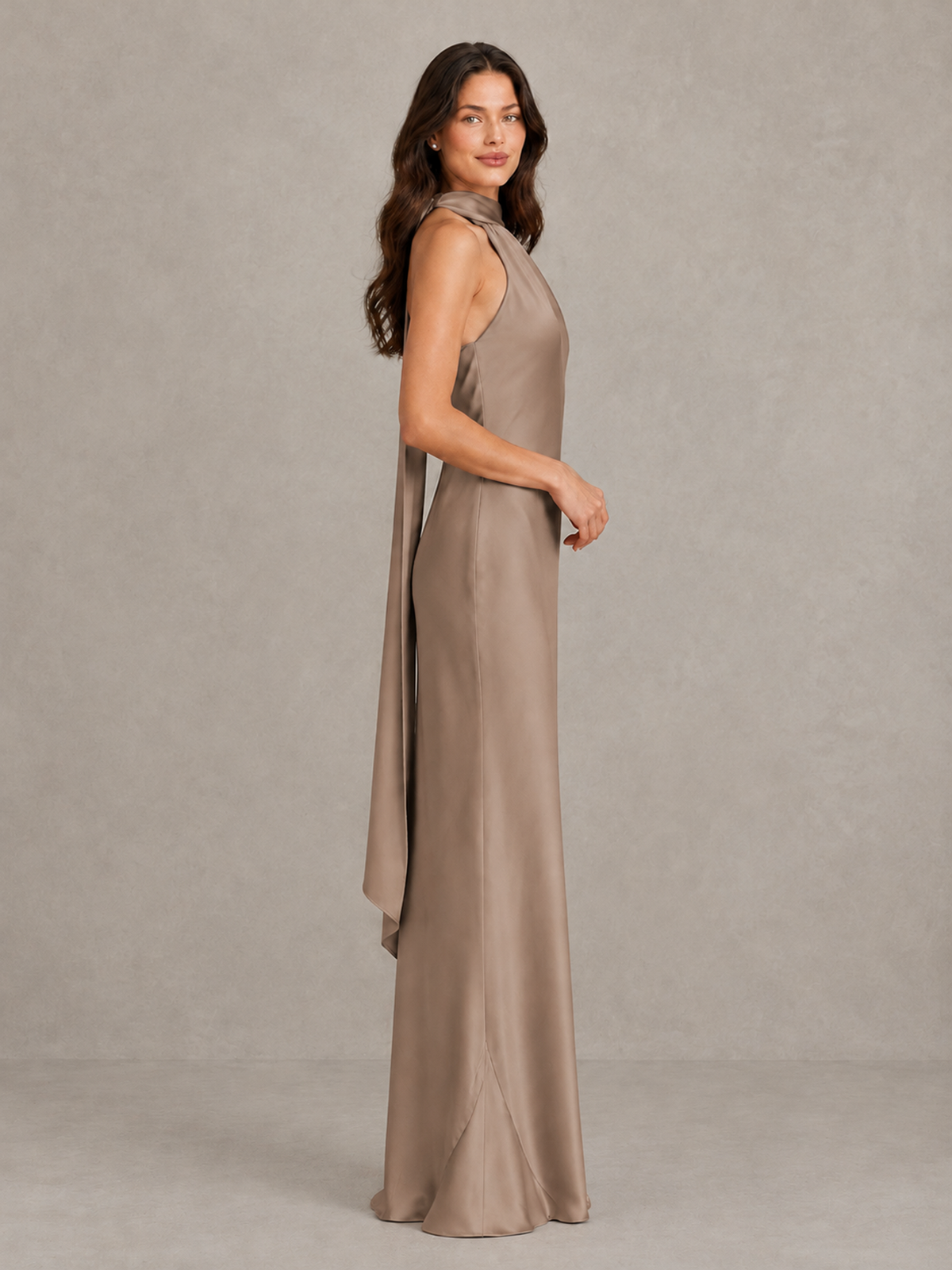BOLODOO Taupe Satin One-Shoulder Bridesmaid Dress with Open Back - Taupe - Taupe (3)