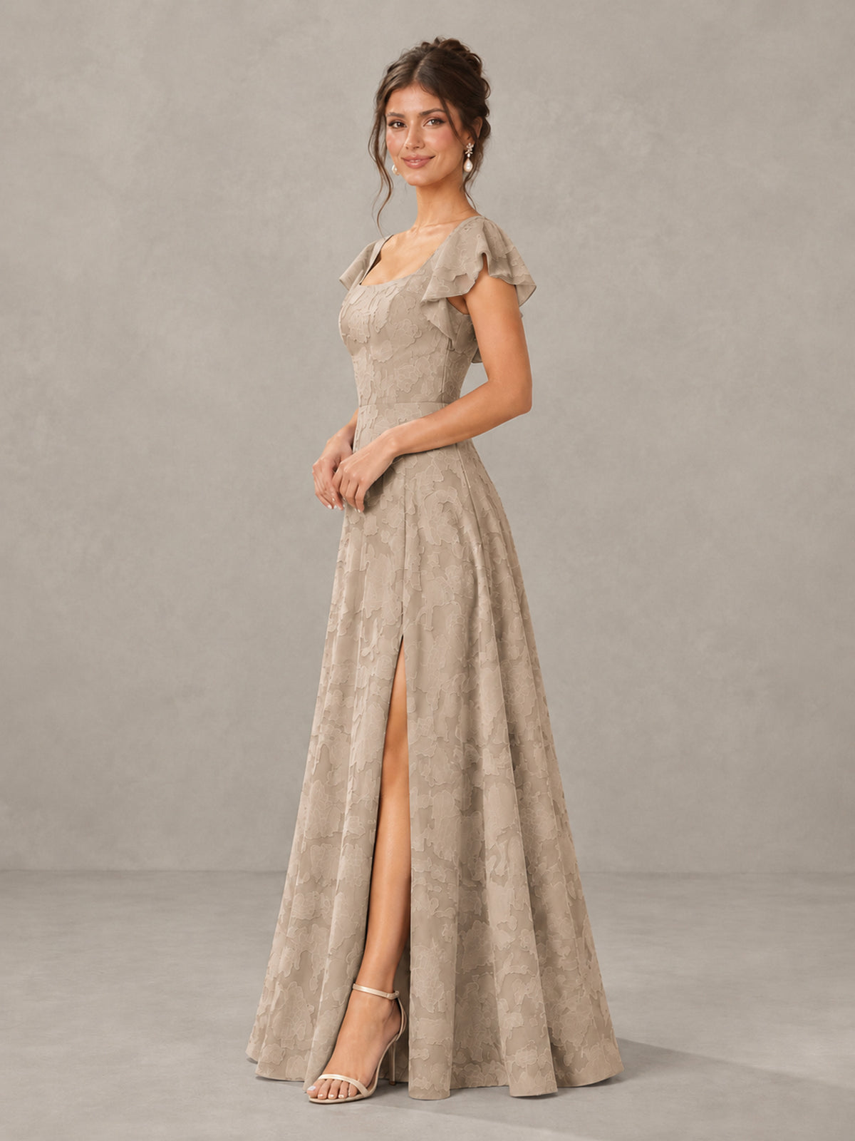 BOLODOO Taupe Floral Flutter Sleeve Bridesmaid Dress with Slit - Taupe - Taupe (3)