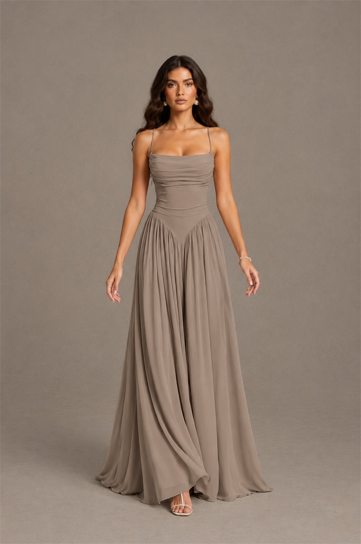 BOLODOO Taupe Spaghetti Strap Square Neck Ruched Chiffon Maxi Dress with Lace-Up Back - Taupe