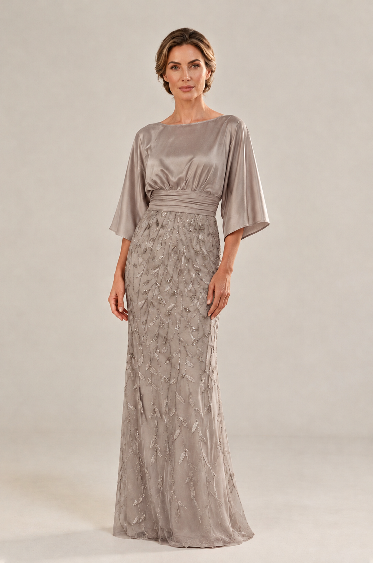 BOLODOO Taupe Mother of the Bride Dress with Kimono Sleeves, Satin Bodice & Sequin Embroidered Mermaid Floor-Length Gown - Taupe - Taupe (3)