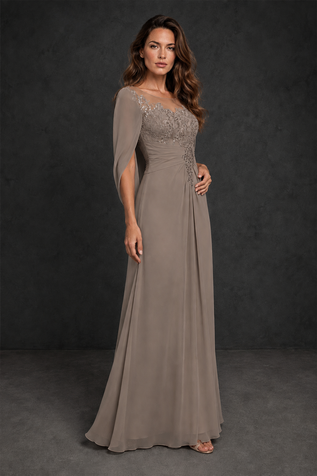 BOLODOO Taupe Illusion Lace One-Side Cape Sleeve Beaded Chiffon Floor Length Gown | Mother of the Bride Evening Dress - Taupe