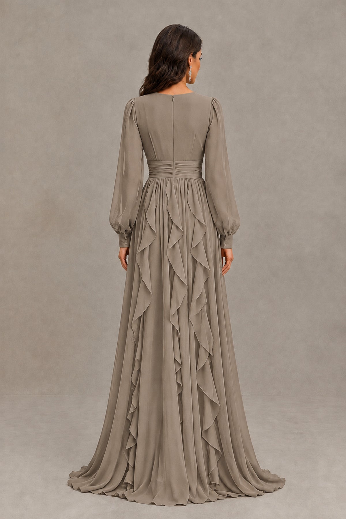 BOLODOO Taupe Long Sleeve V-Neck Ruffle Maxi Dress - Taupe - Taupe (3)