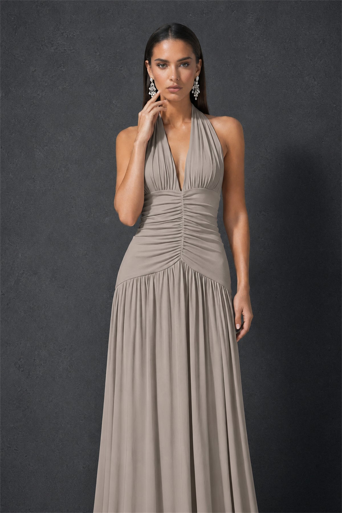 BOLODOO Taupe Halter Deep V-Neck Ruched Chiffon Open Back Maxi Dress with Draped Neck Tie - Taupe