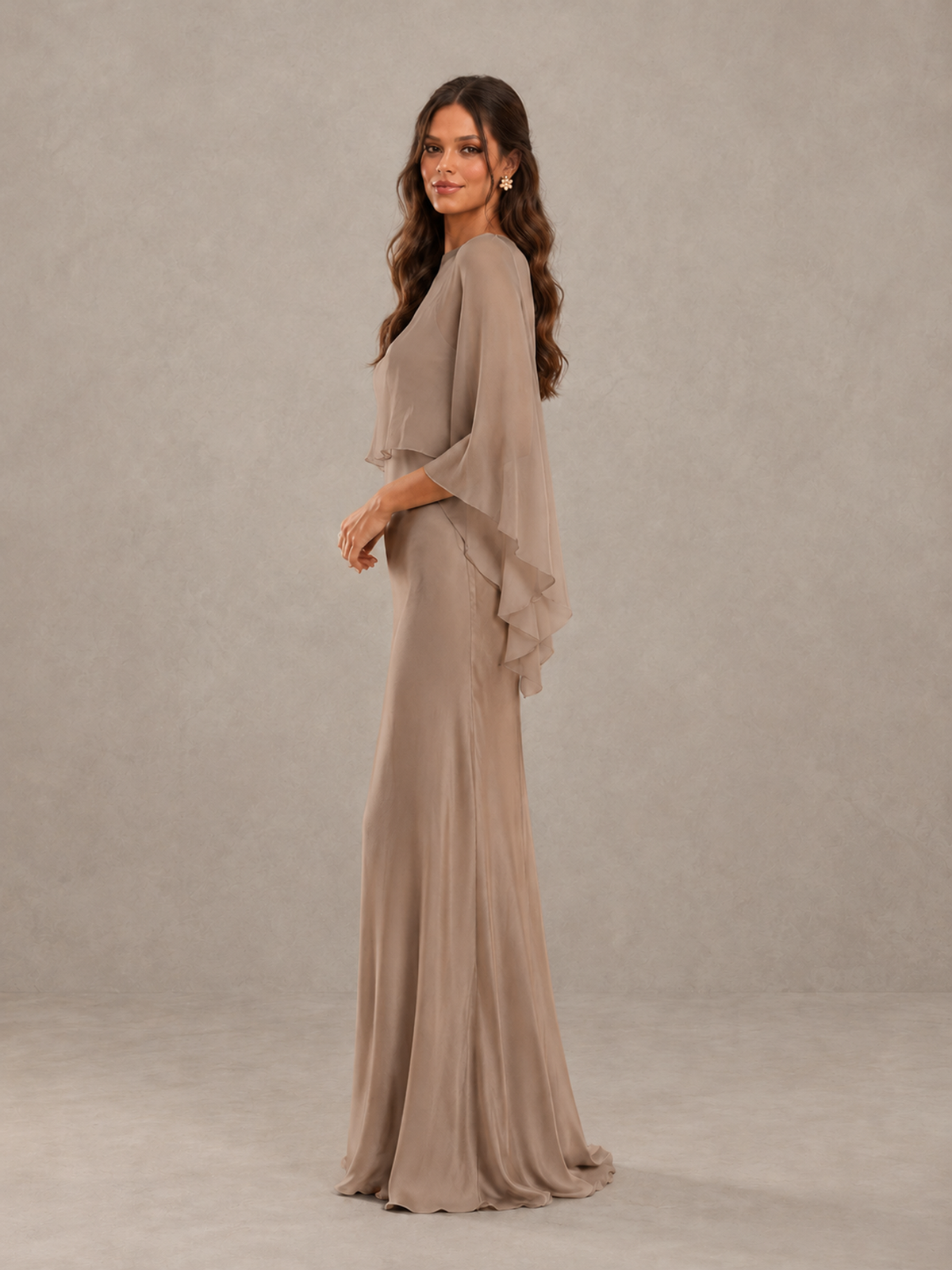 BOLODOO Taupe Satin Mermaid Bridesmaid Dress with Chiffon Cape - Taupe - Taupe (3)