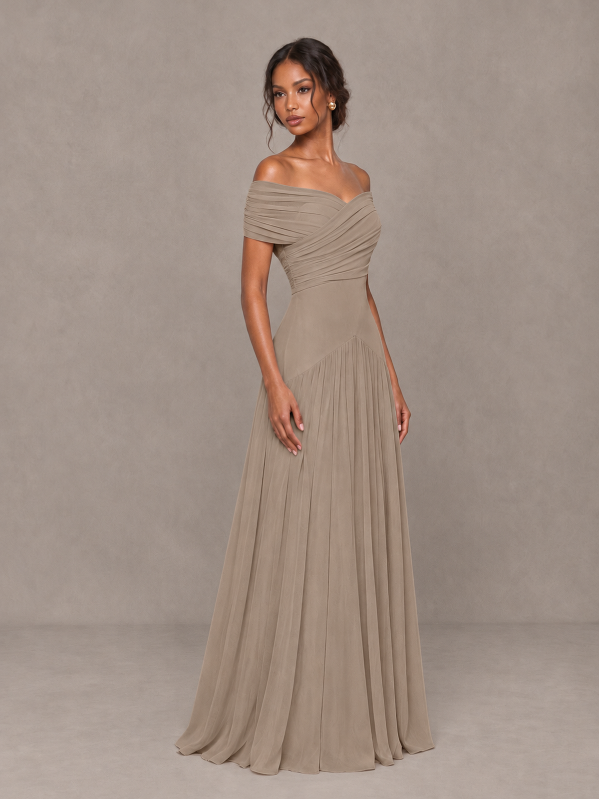 BOLODOO Taupe Off-Shoulder Ruched A-Line Bridesmaid Dress - Taupe - Taupe (3)