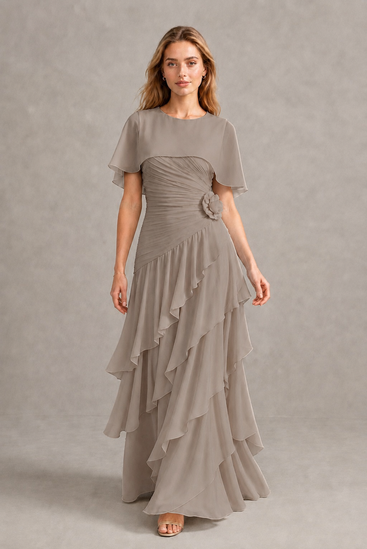 BOLODOO Taupe Chiffon Flutter Sleeve Tiered Maxi Dress with 3D Rosette - Taupe