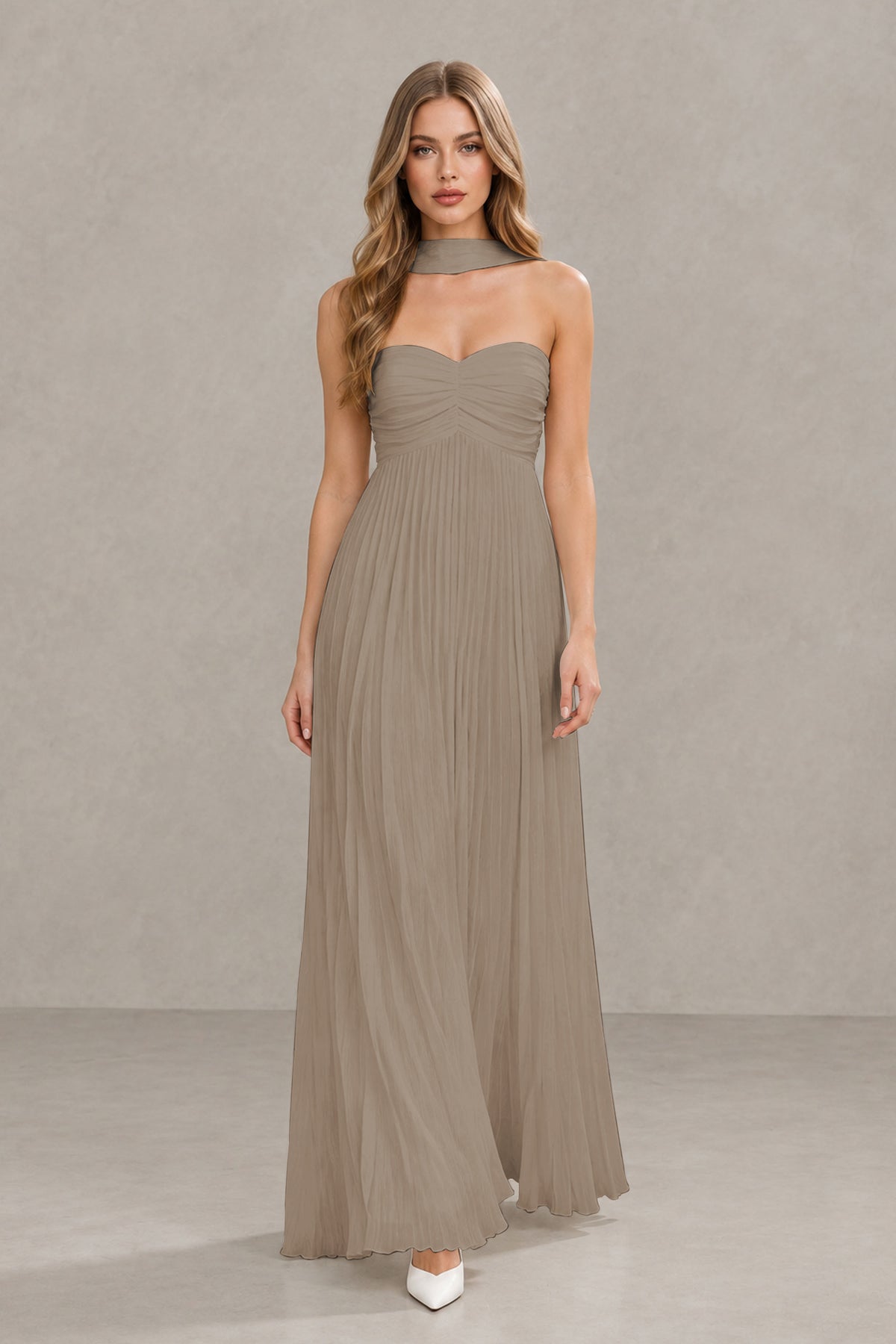 BOLODOO Taupe Strapless Chiffon-Look Maxi Dress with Lace-Up Back & Cape - Taupe