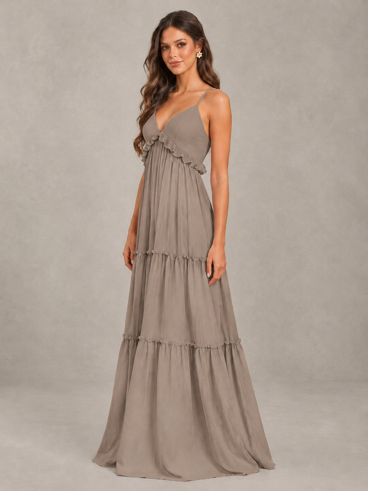 BOLODOO Taupe Tiered V-Neck Lace-Up Back Bridesmaid Dress - Taupe - Taupe (3)